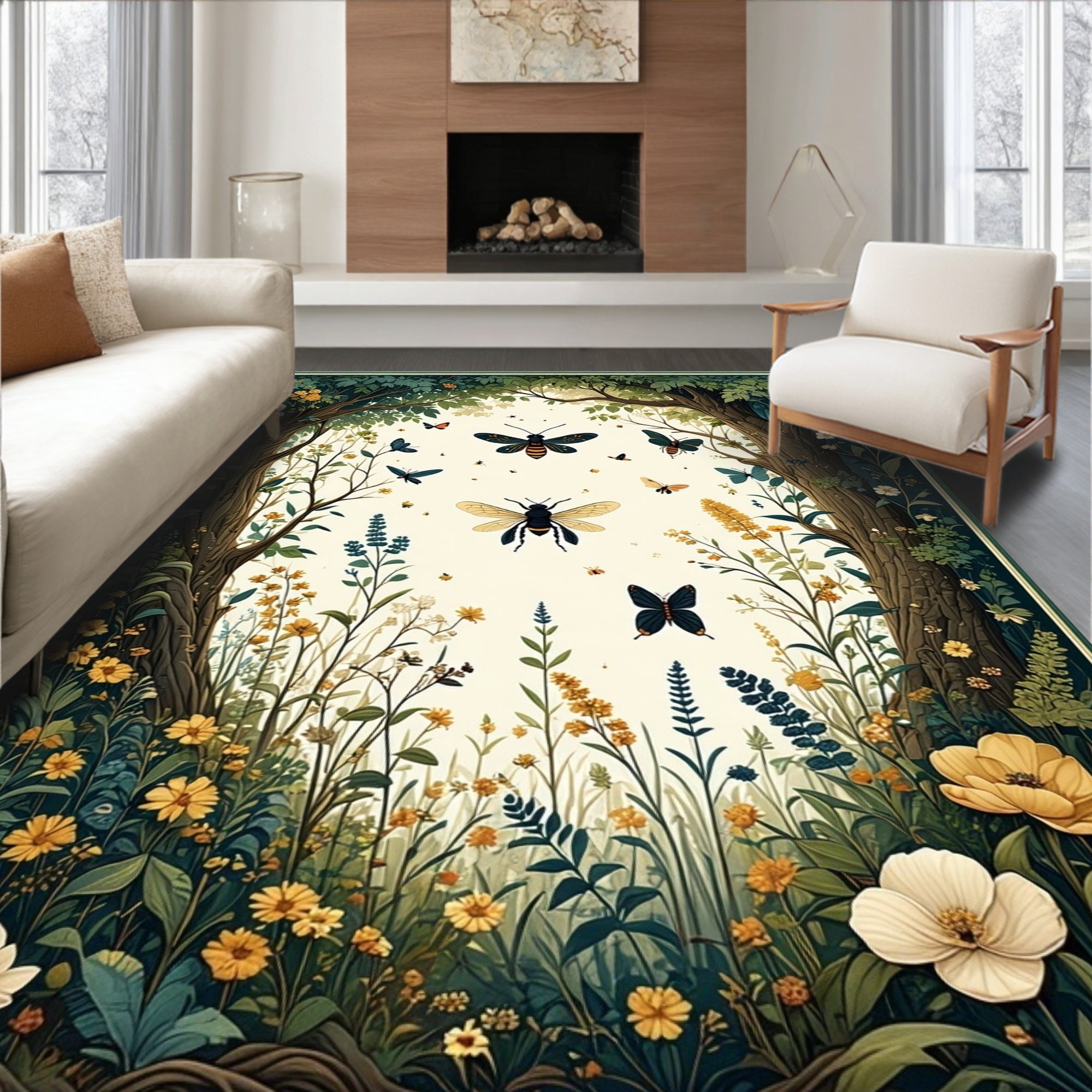 Whimsical Woodland Bee Butterfly Pattern Rug