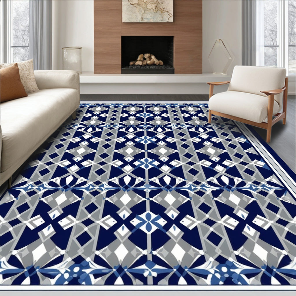 Blue Gray Abstract Geometric Pattern Rug