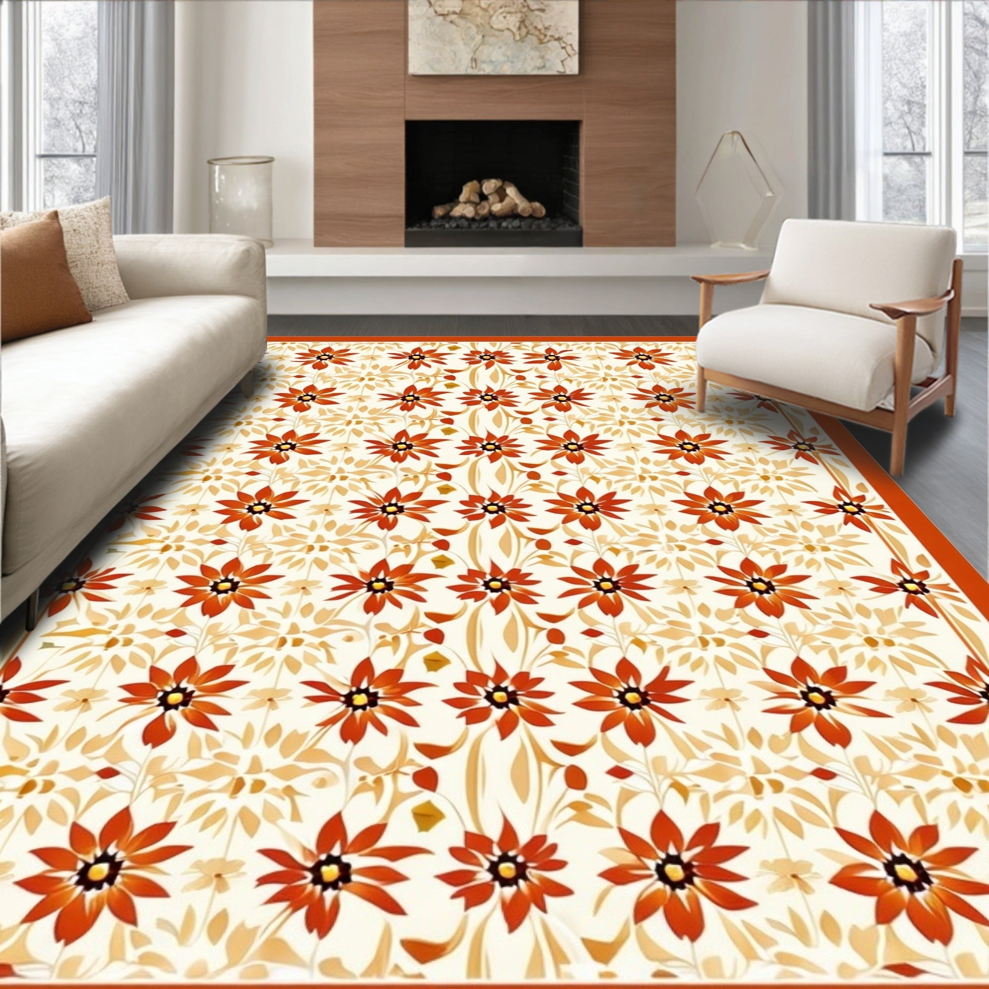 Intricate Floral Pattern With Orange Blooms Rug