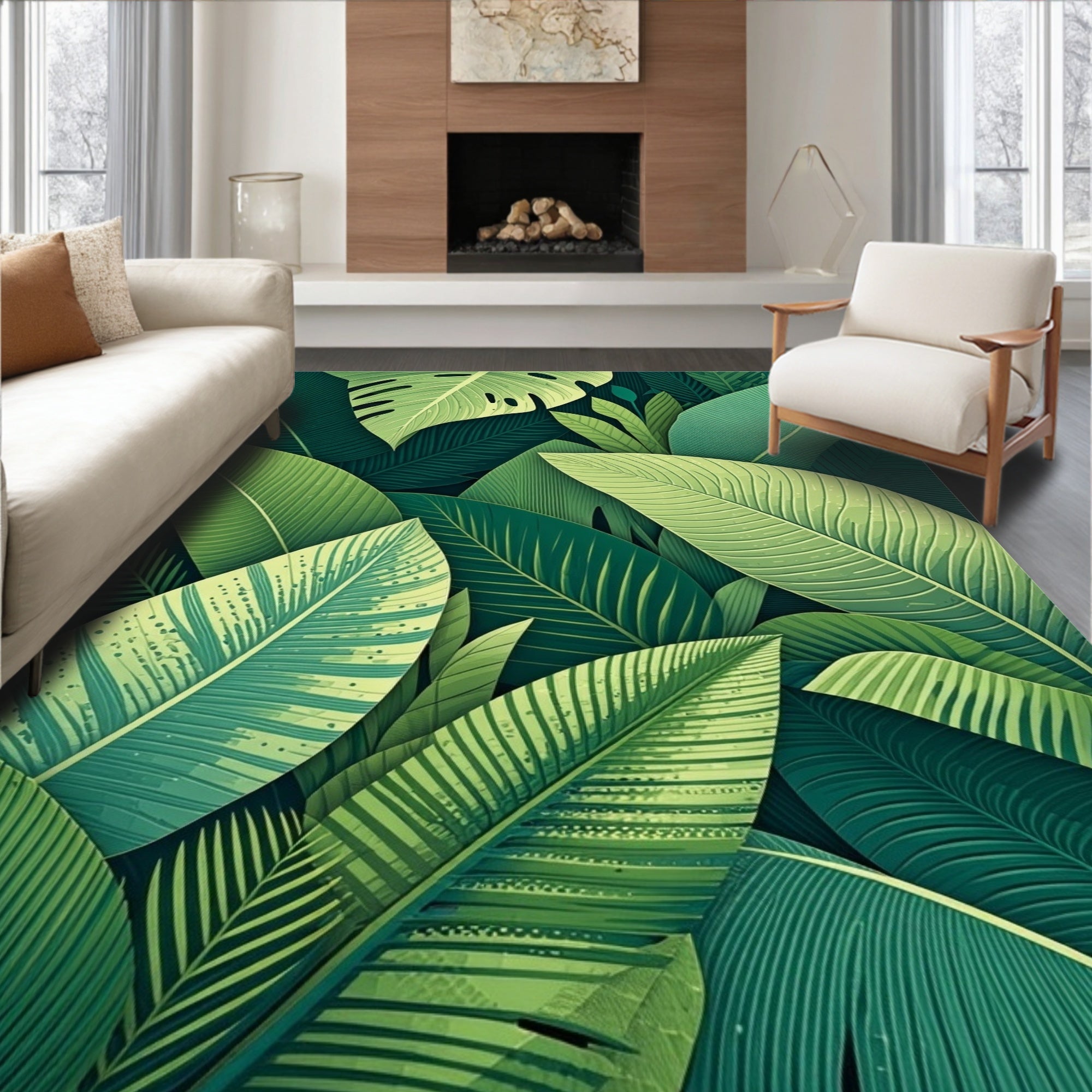 Vibrant Green Tropical Leaf Pattern Rug