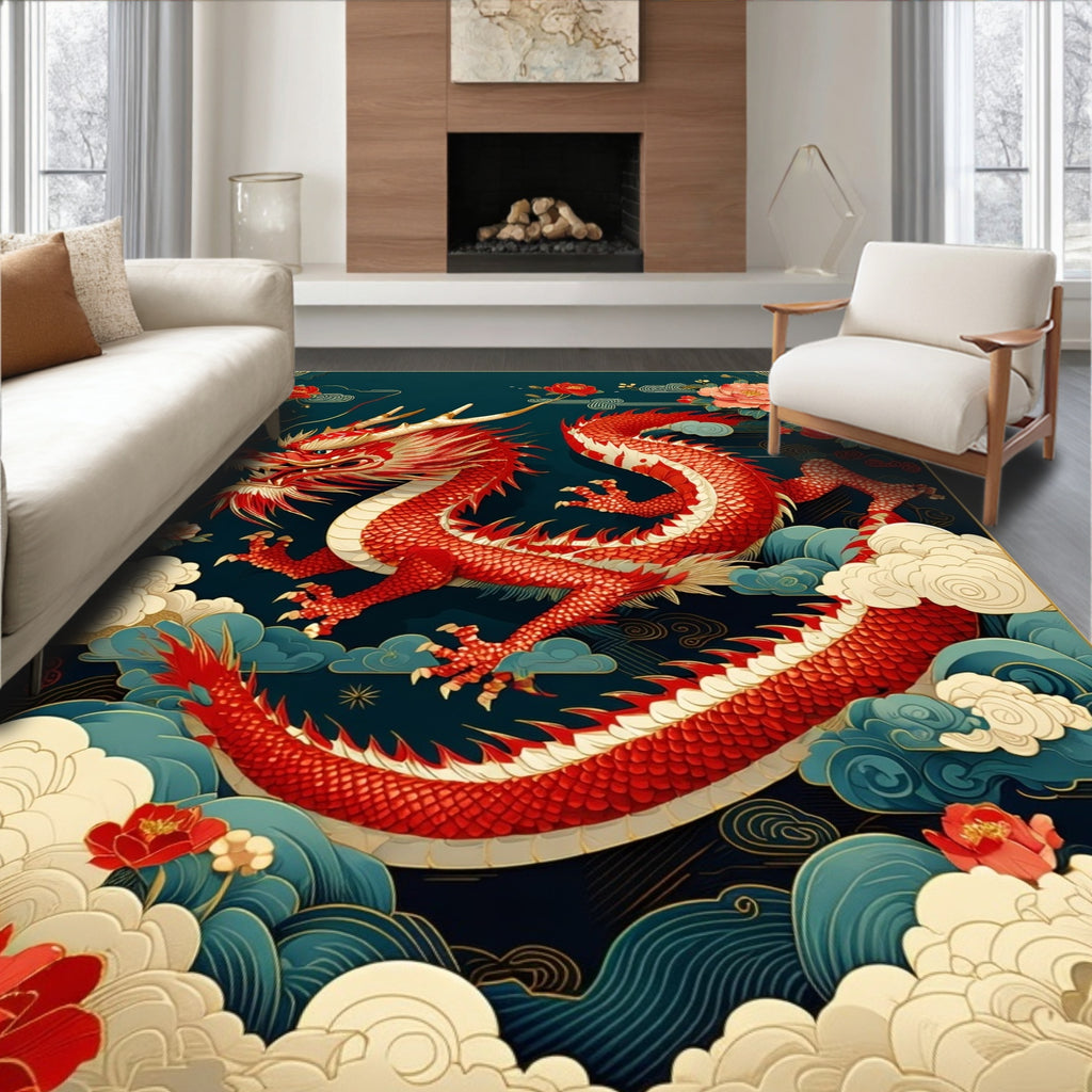 The Majestic Red Dragon Floral Rug