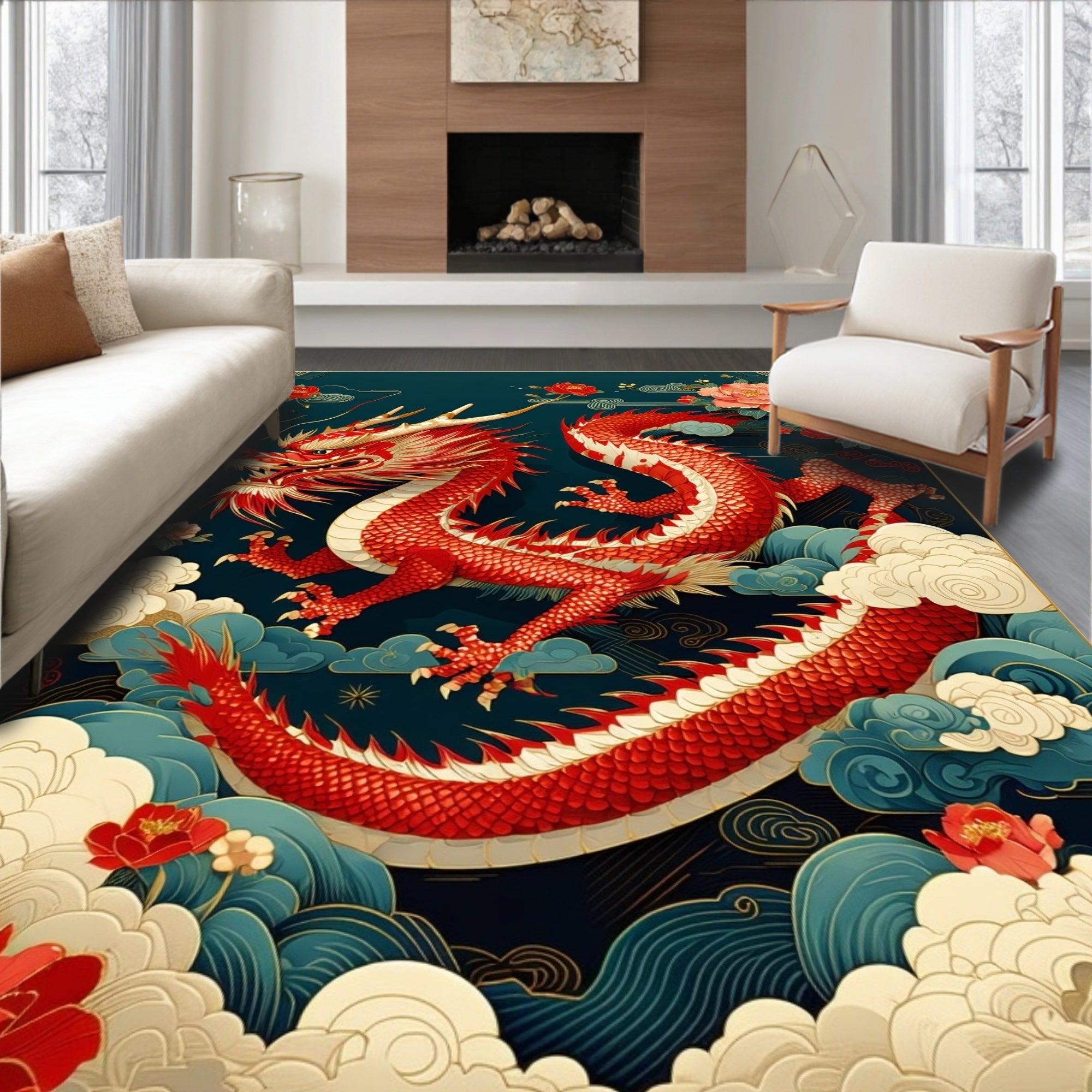 The Majestic Red Dragon Floral Rug