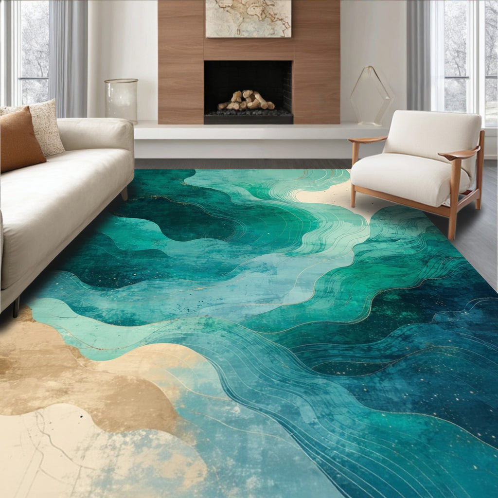 Teal Gold Fluid Wave Rug