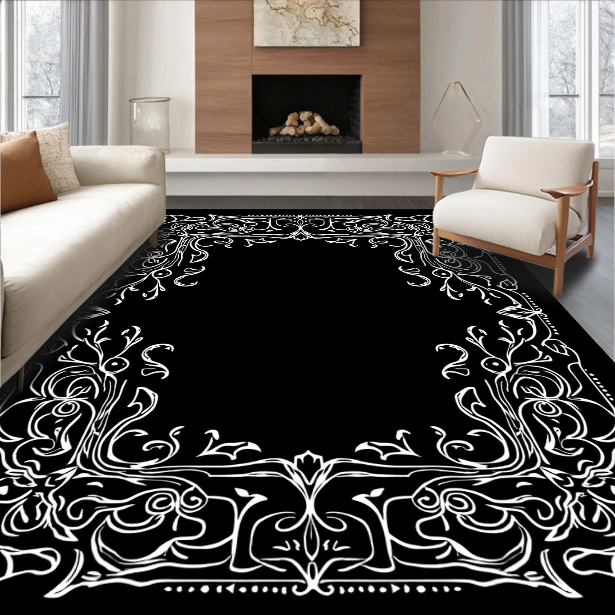 Ornate Floral Scrollwork Frame Design Rug