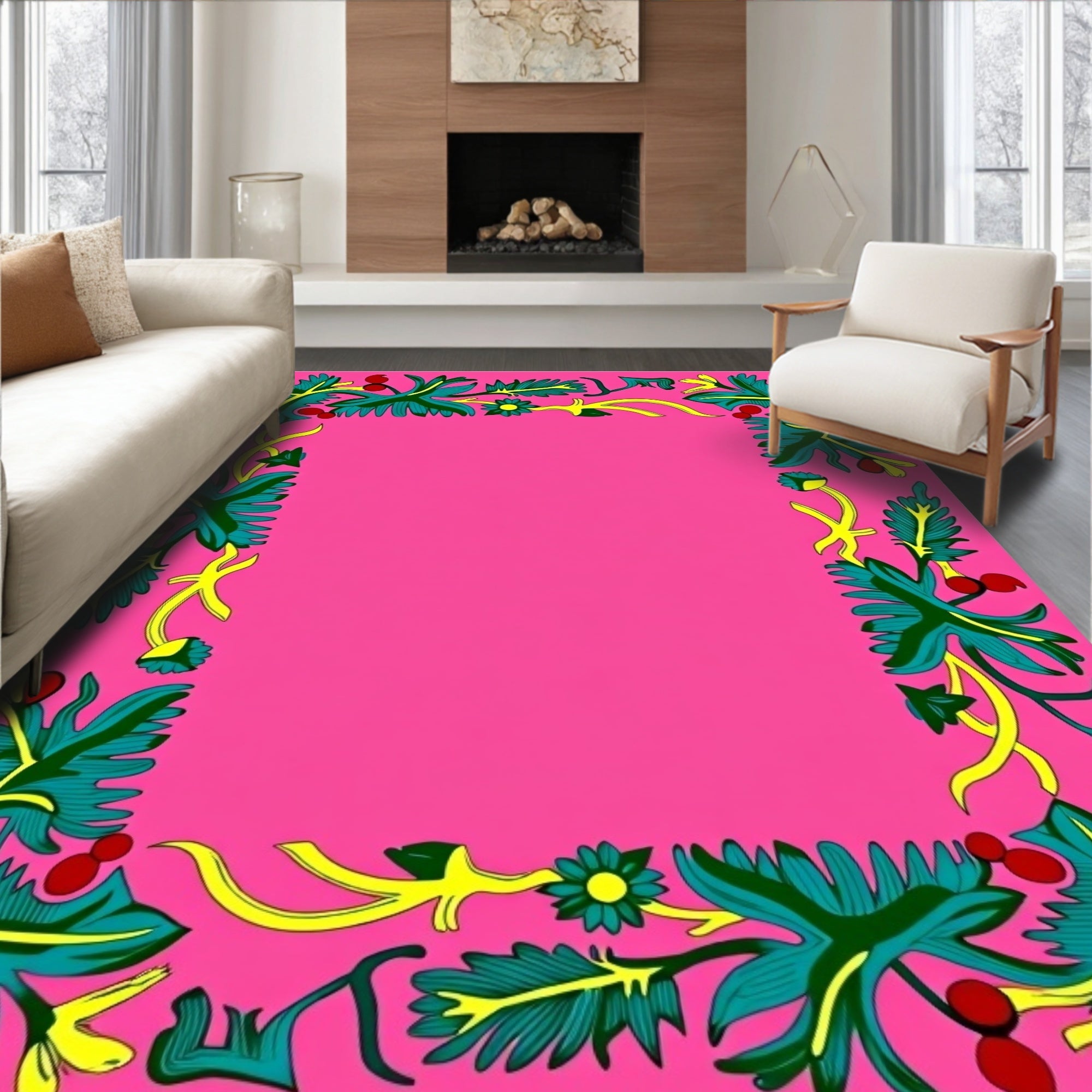 Vibrant Pink Foliage Flower Vine Rug
