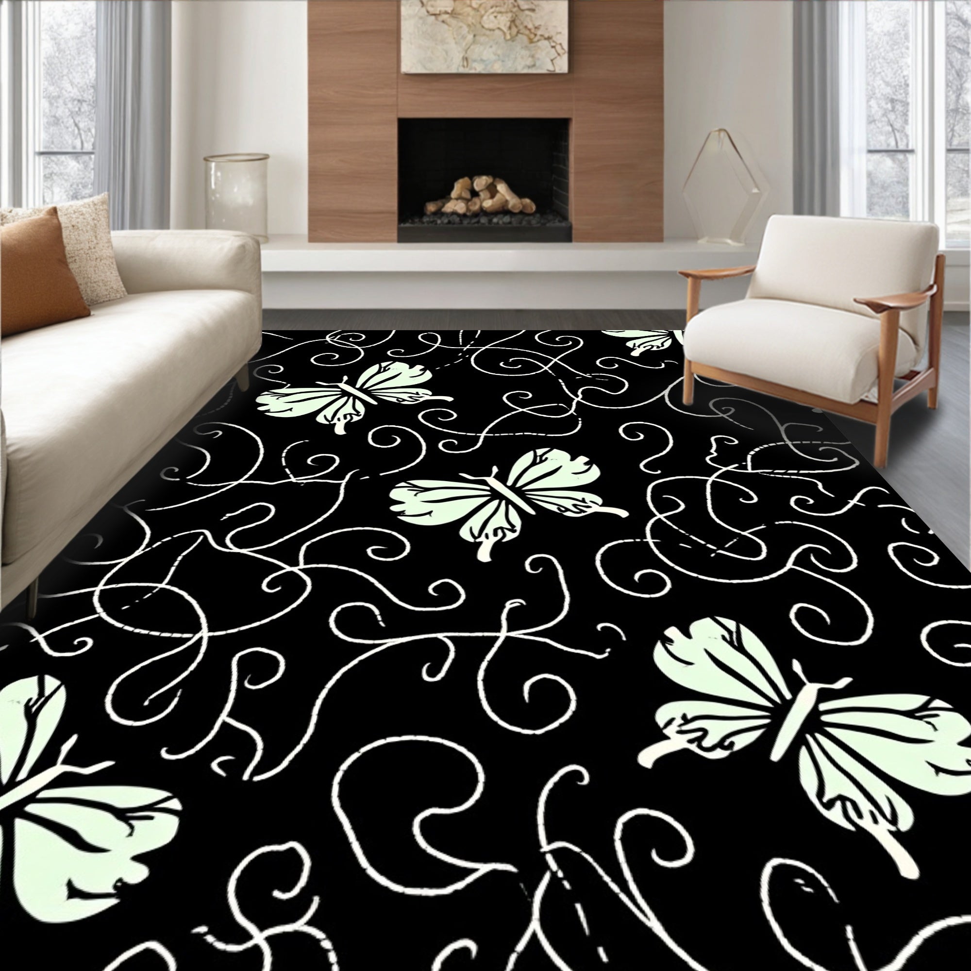 Whimsical Butterflies and Swirling Vines Pattern Rug