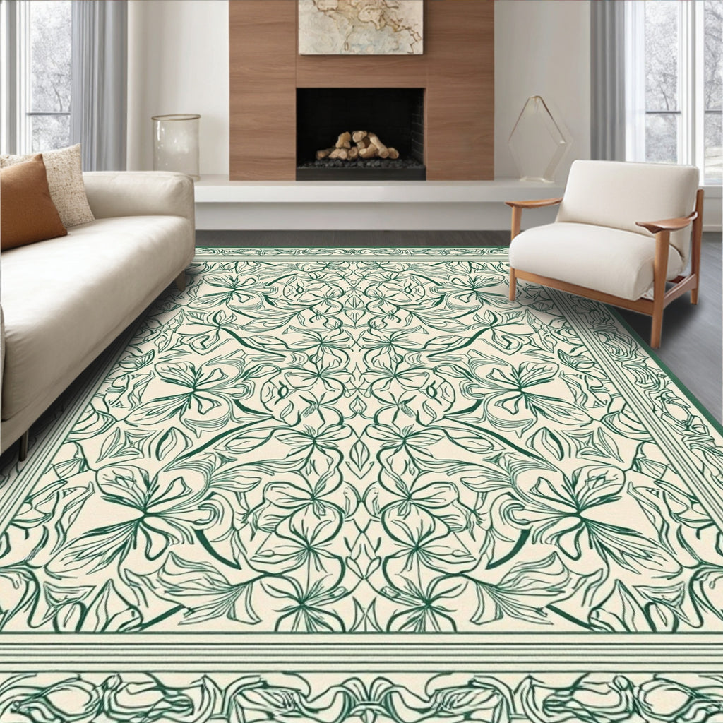 Symmetrical Green Floral Garden Pattern Rug