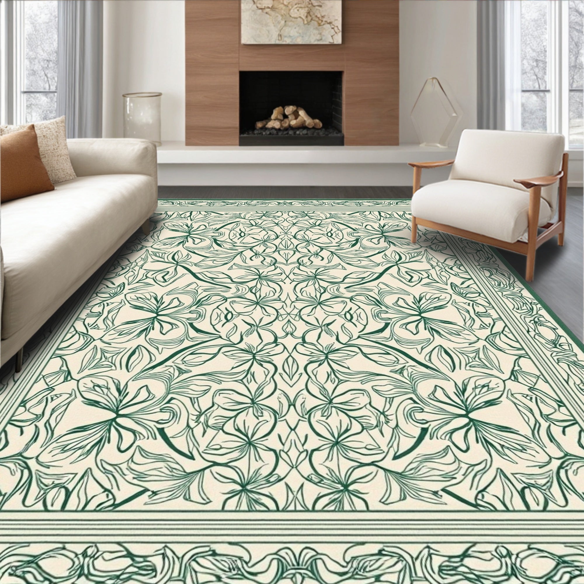 Symmetrical Green Floral Garden Pattern Rug