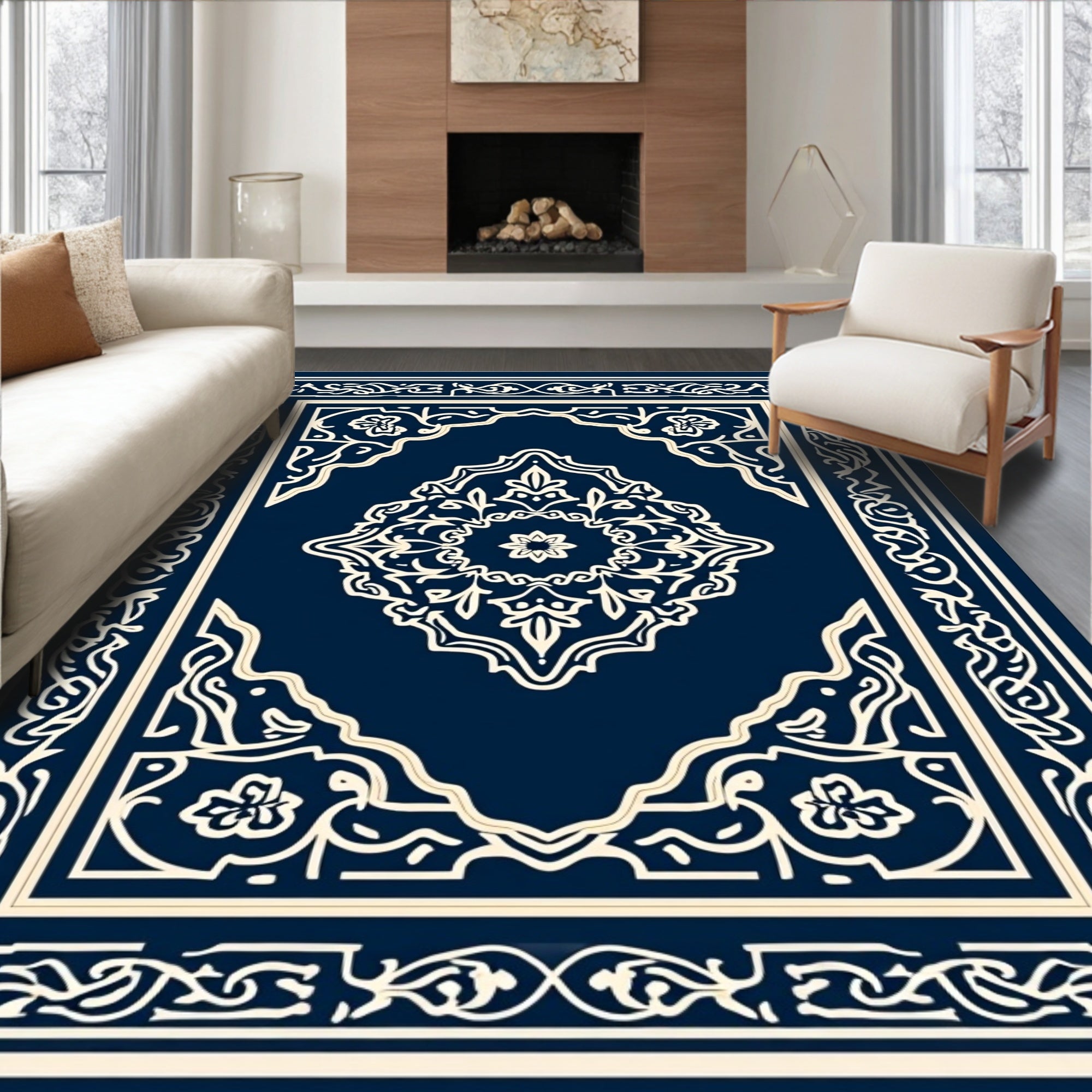 Ornate Blue Cream Medallion Rug
