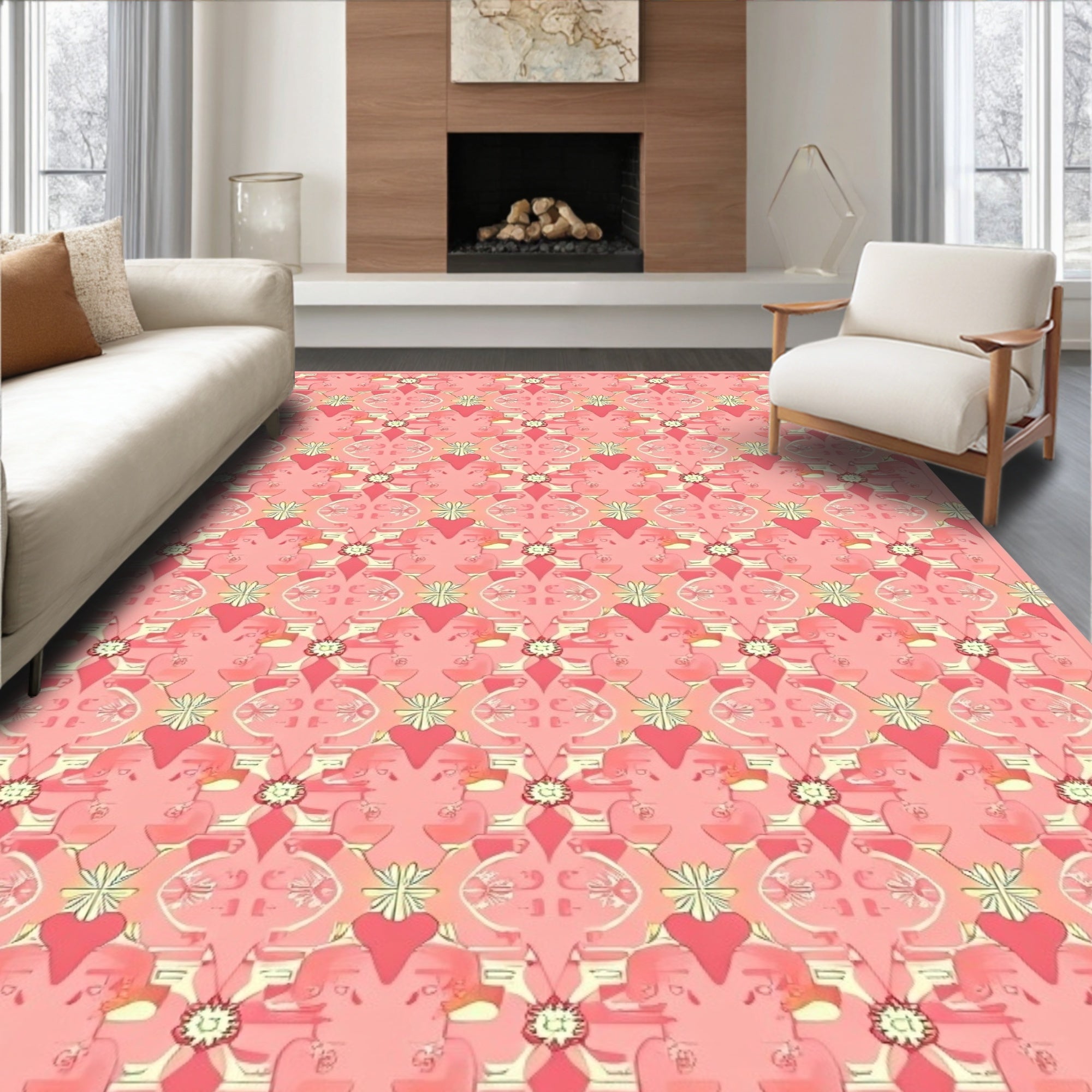 Pink Heart Floral Geometric Pattern Rug