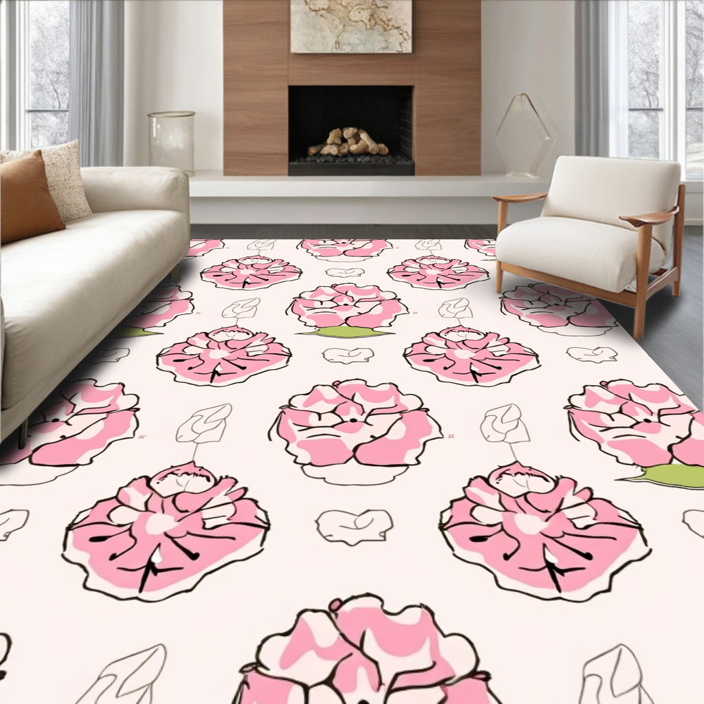 Pink Floral Outline Pattern Rug