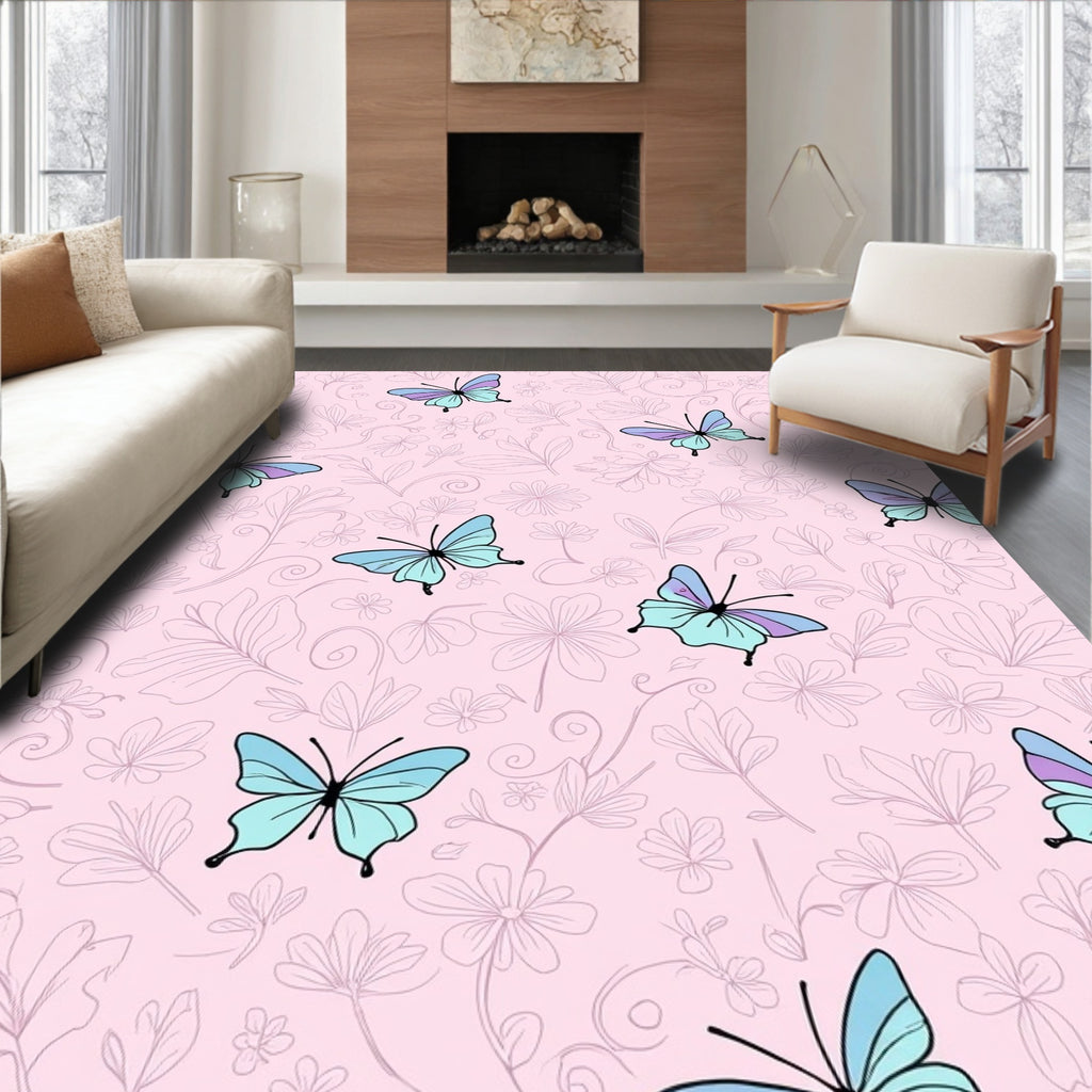 Pastel Butterfly Floral Sketch Pattern Rug