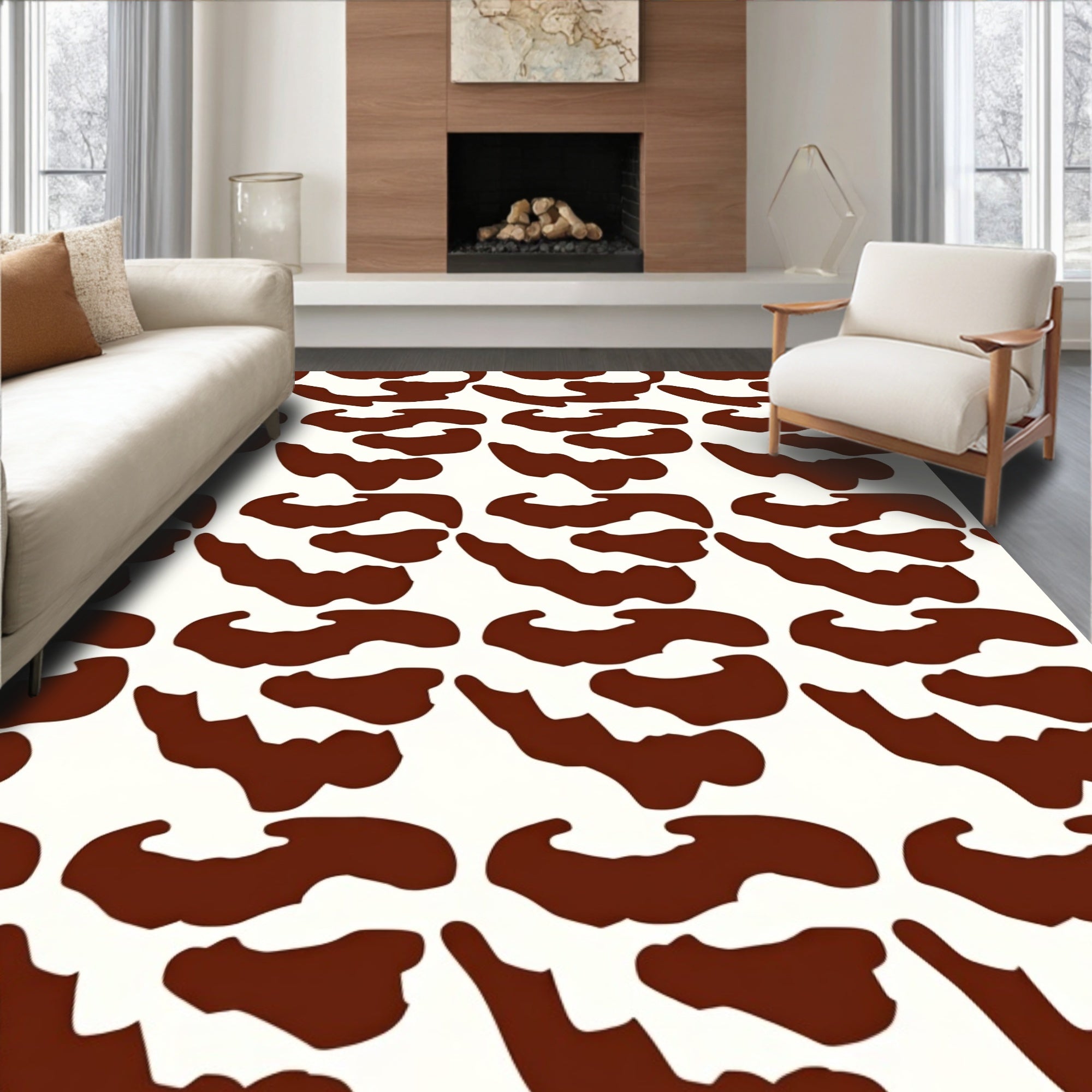 Brown White Abstract Organic Pattern Rug