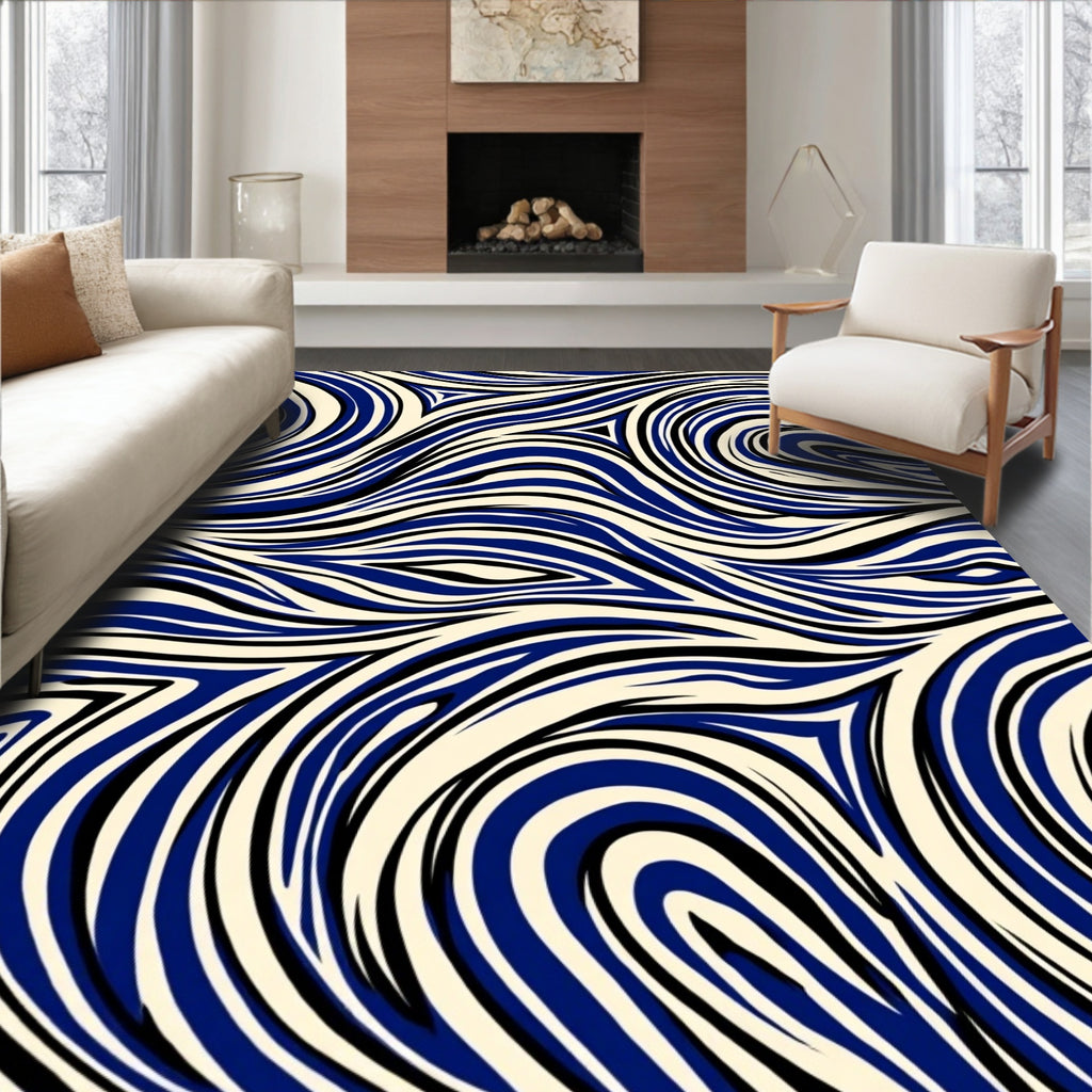 Abstract Blue And Black Swirls Rug