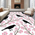 Black Birds Pink Blossom Pattern Rug