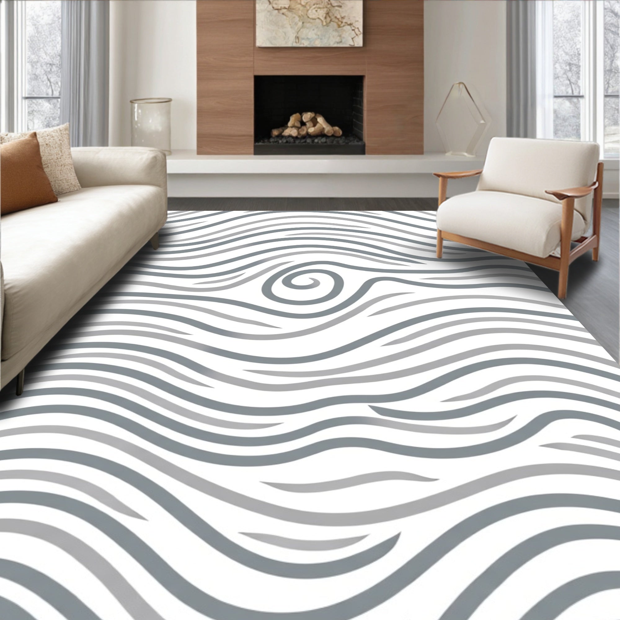 Gray White Swirl Wave Pattern Rug