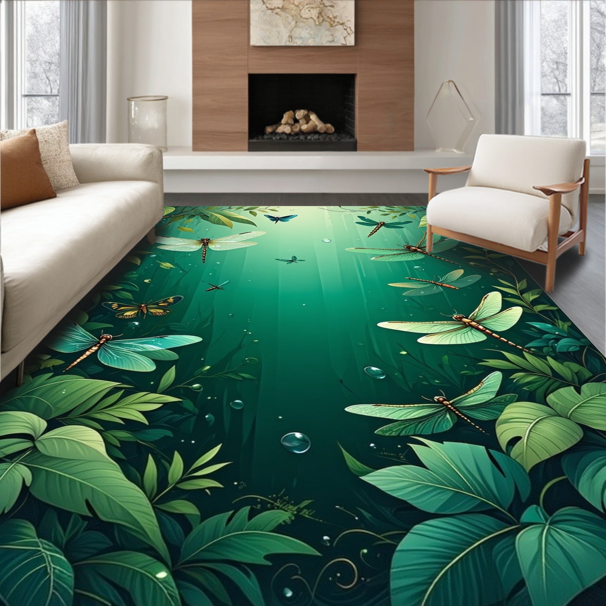 Enchanted Forest Dragonfly Butterfly Design Rug