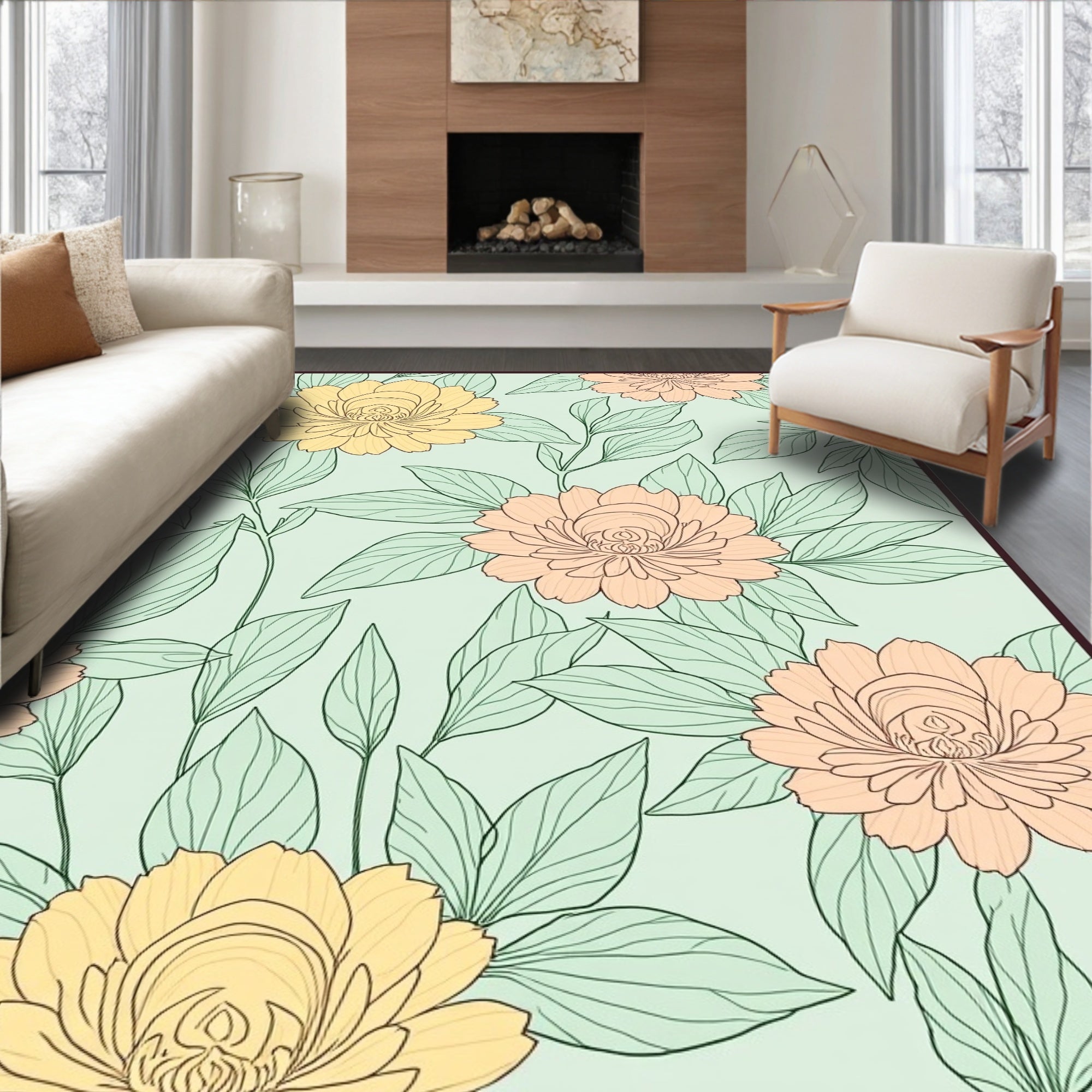 Pastel Floral Pattern Outline Design Rug