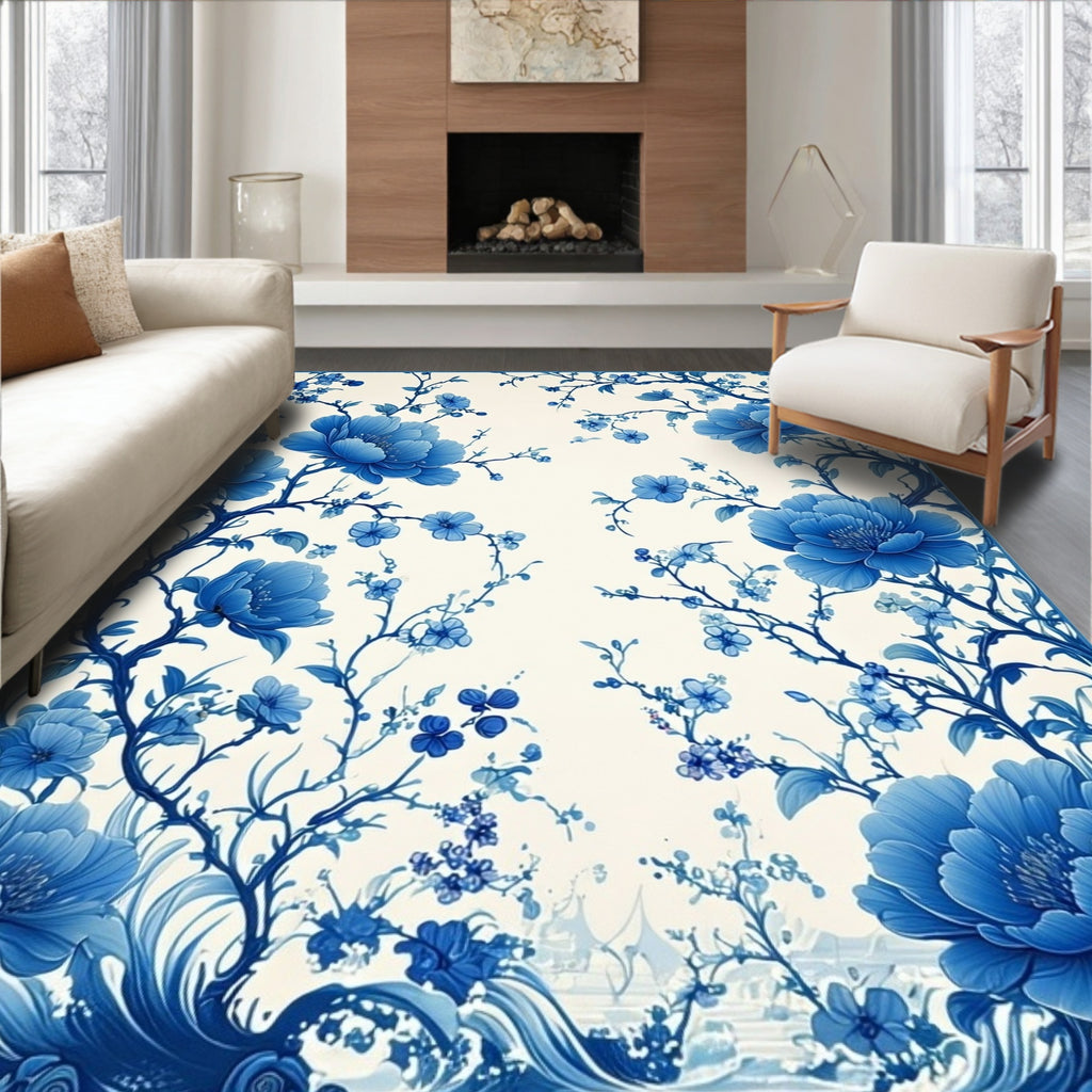 Blue Floral Branches And Leaves Design Rug