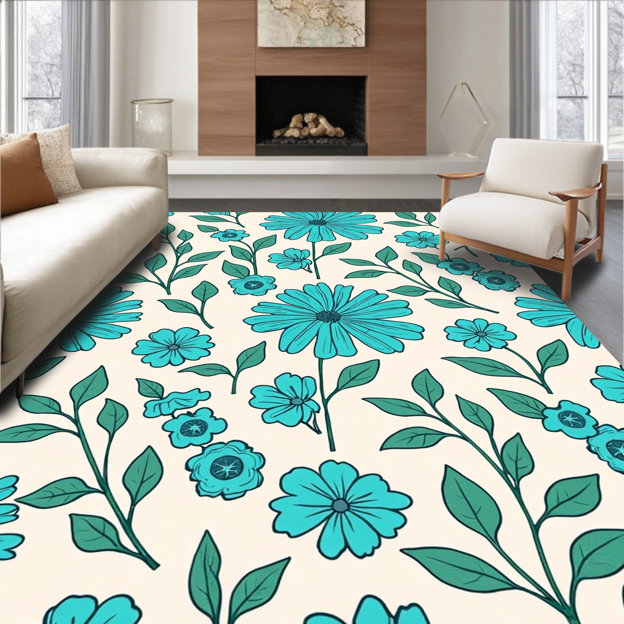 Turquoise Daisy Pattern Rug