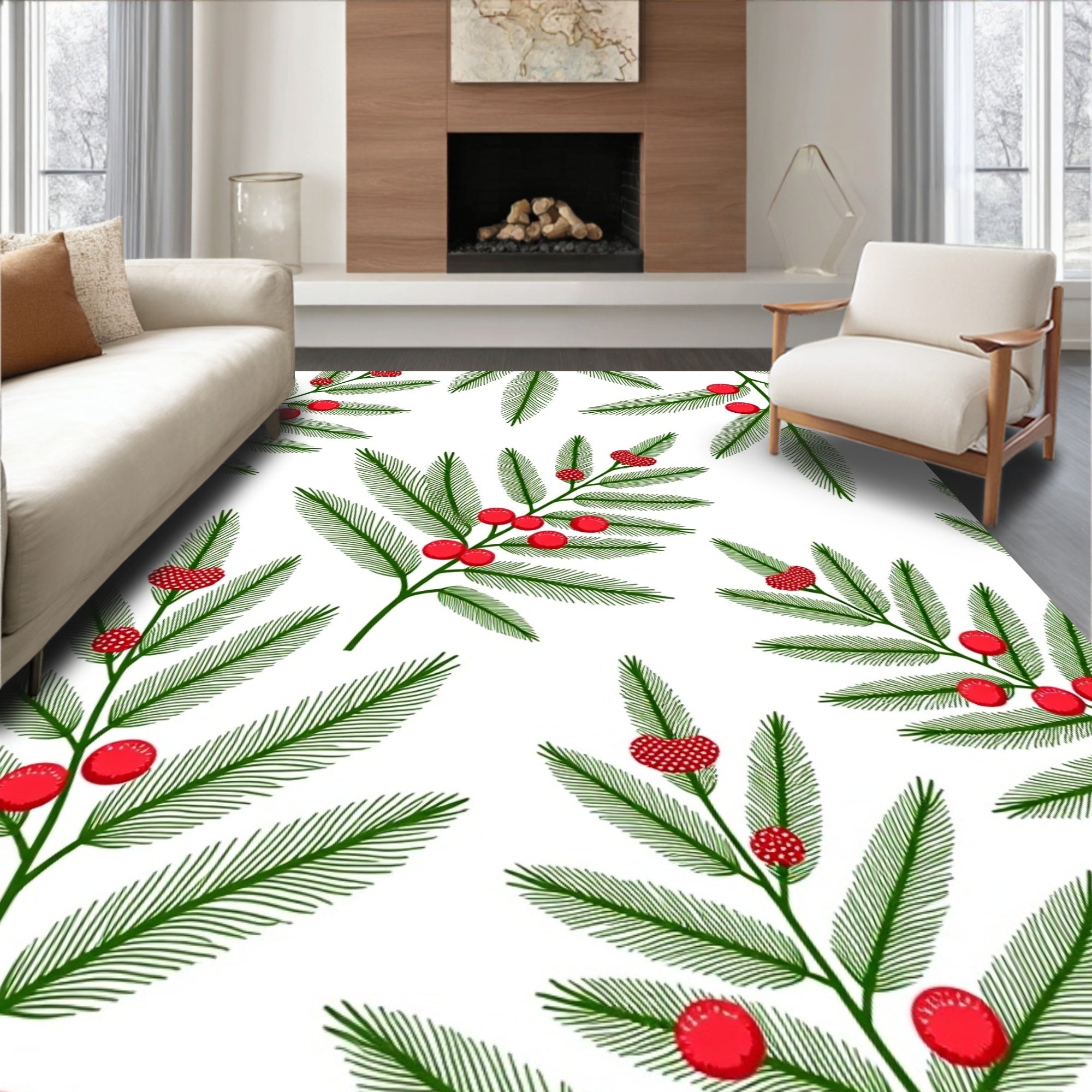 Green Sprigs Red Berries Botanical Rug