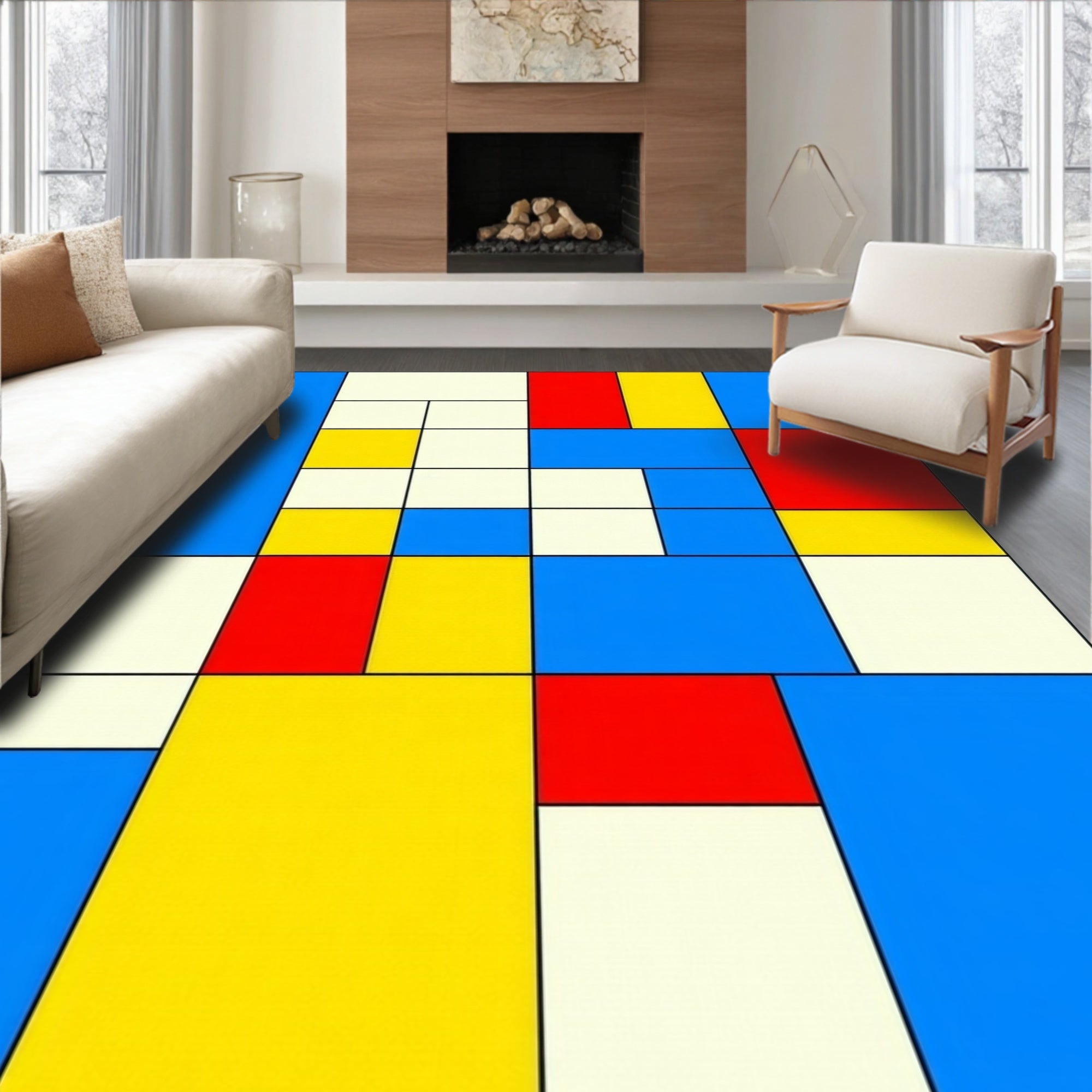 Abstract Red Blue Yellow Geometric Blocks Rug