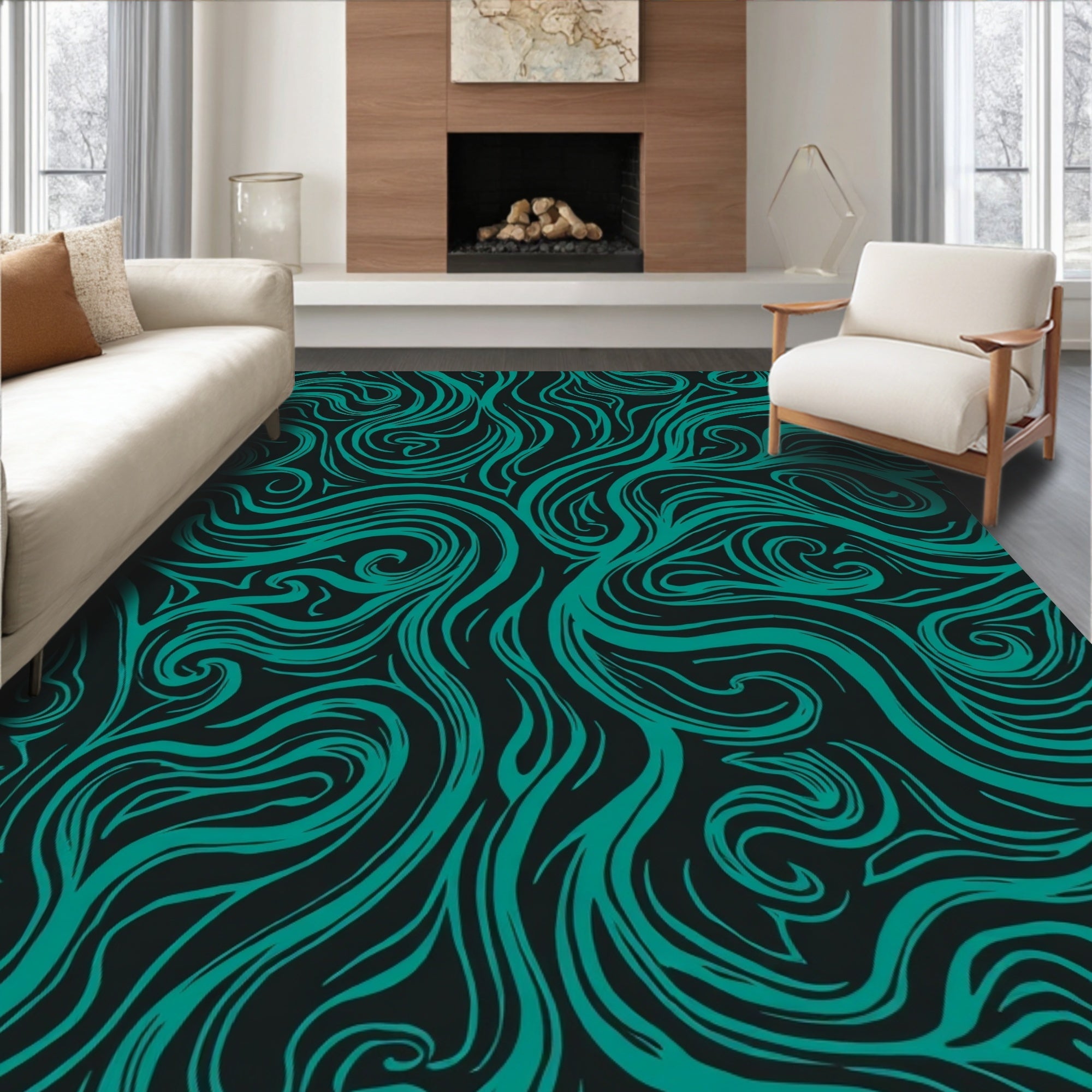 Teal Swirling Abstract Pattern Rug