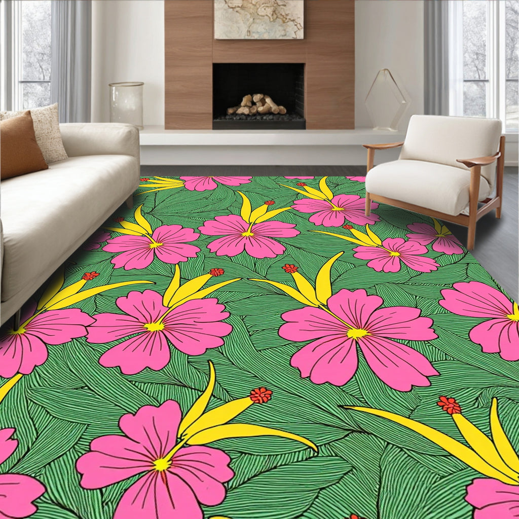 Pink Yellow Floral Patterned Tropical Rug