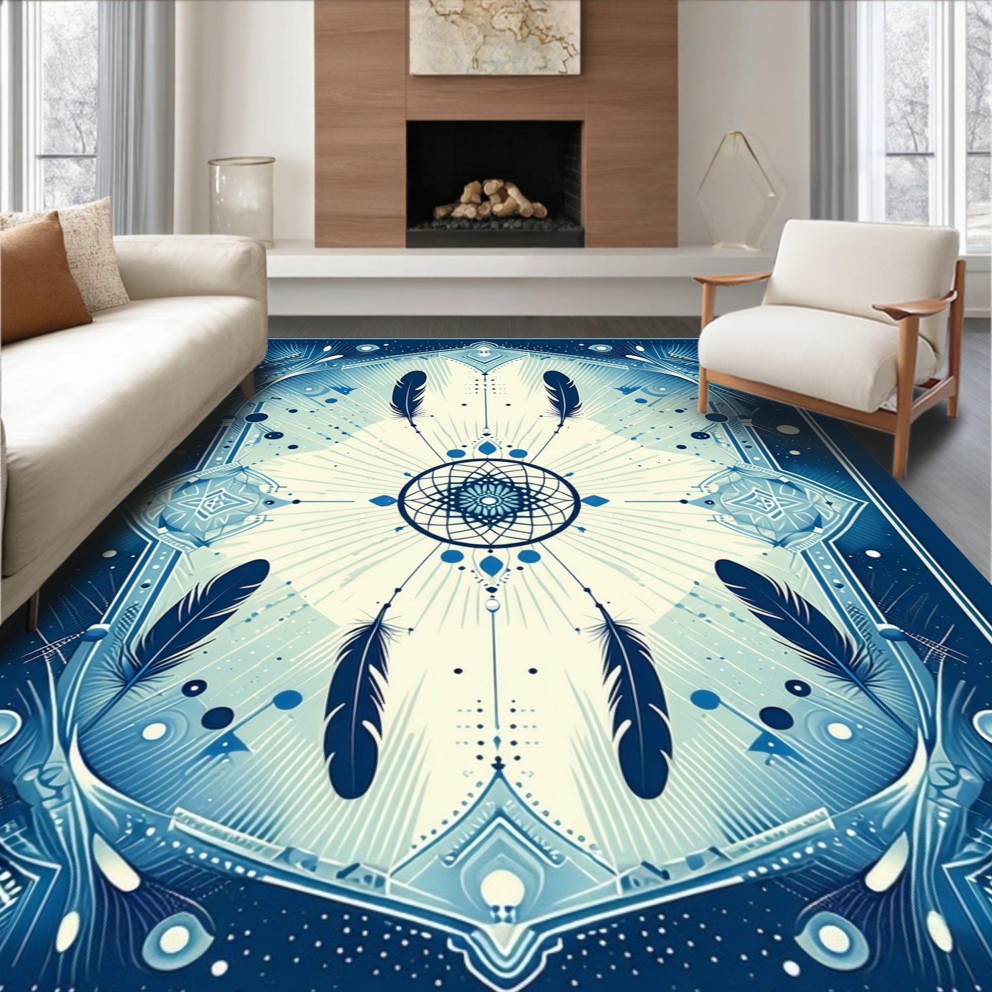 Blue Dreamcatcher Feather Mosaic Rug