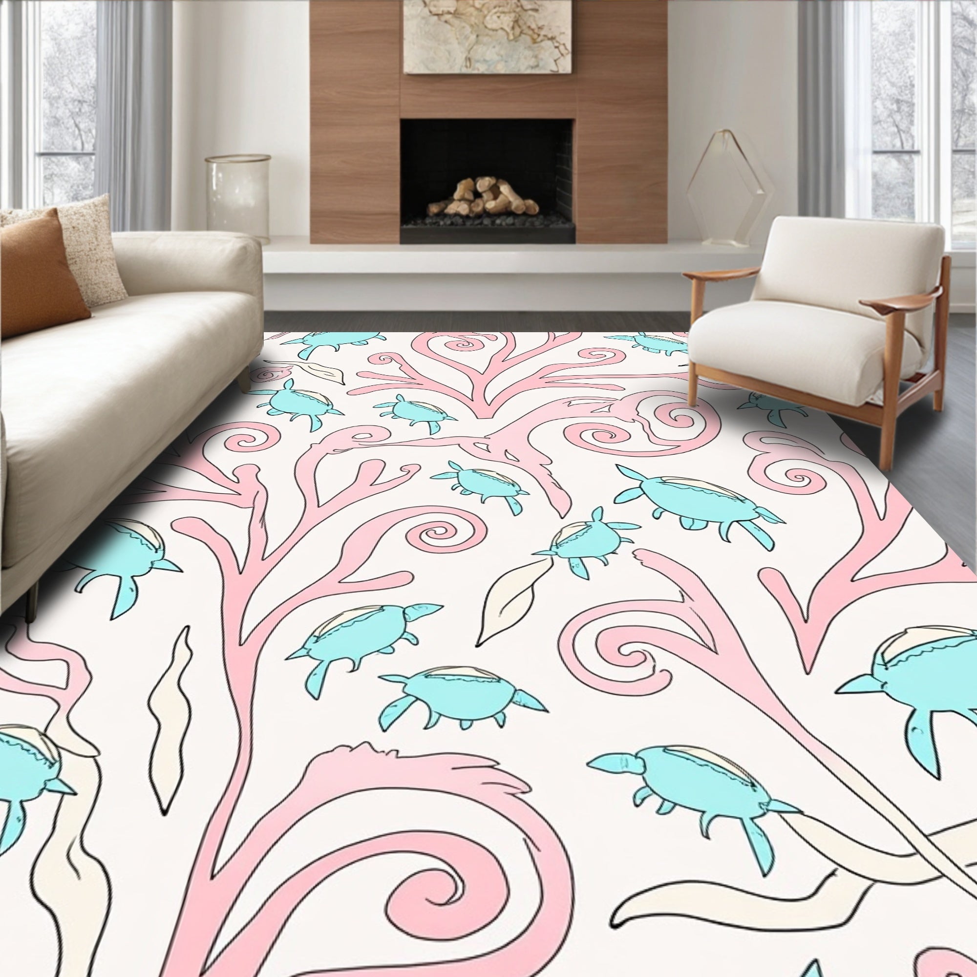 Whimsical Turtle Coral Pattern Rug