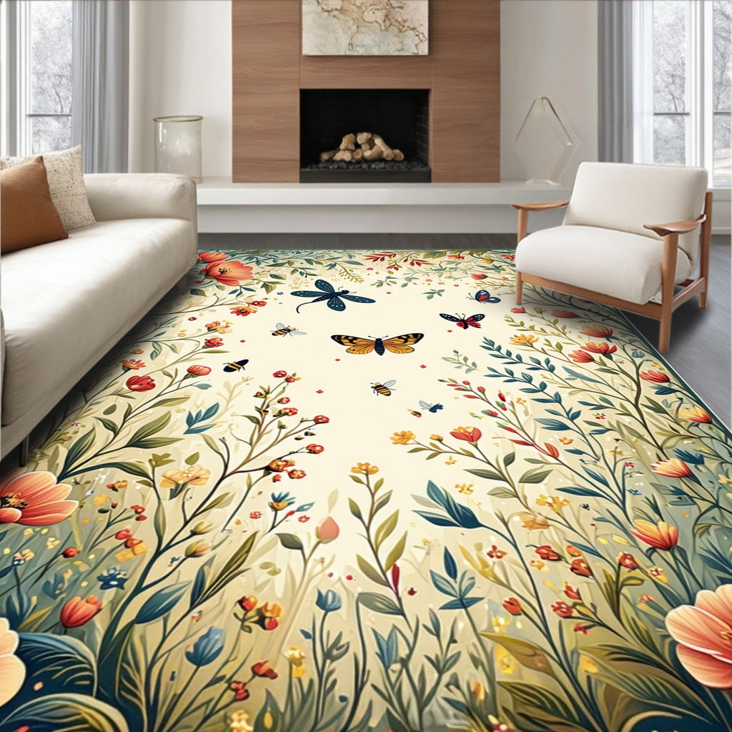 Whimsical Garden Insects Floral Pattern Rug