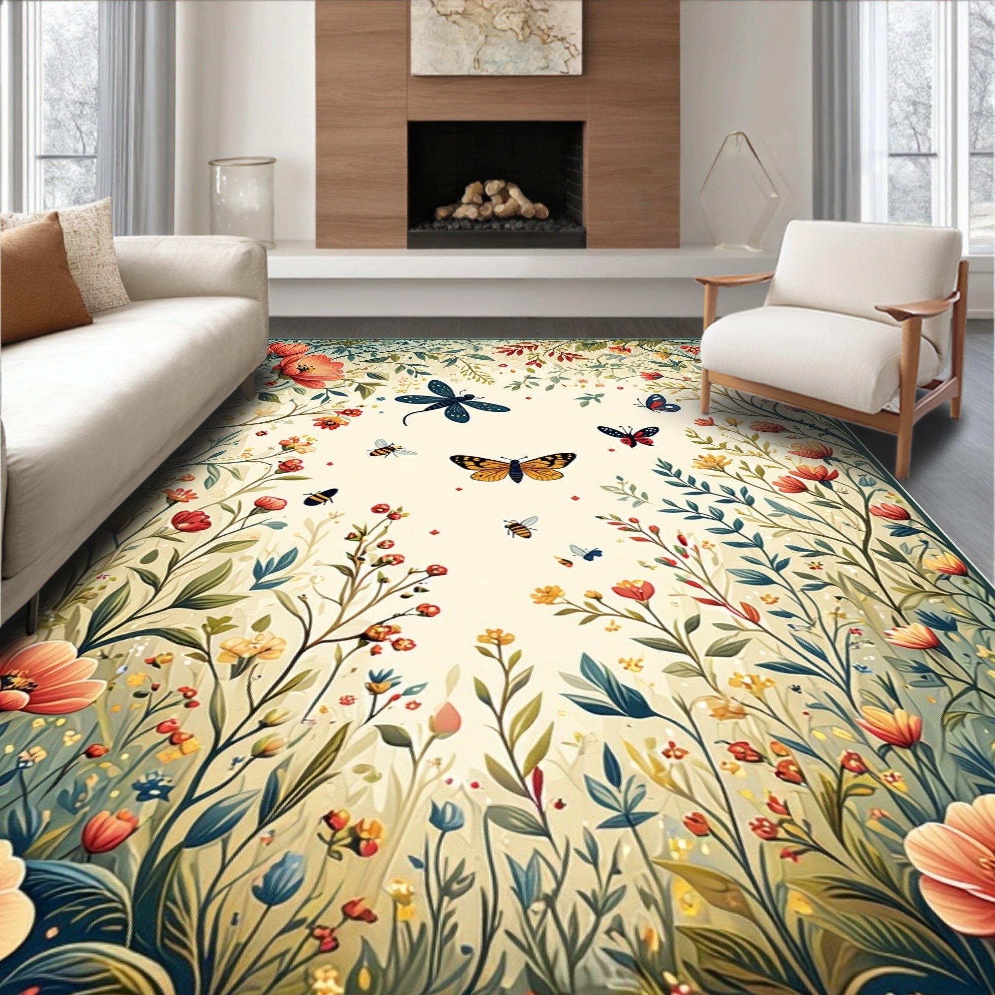 Whimsical Garden Insects Floral Pattern Rug