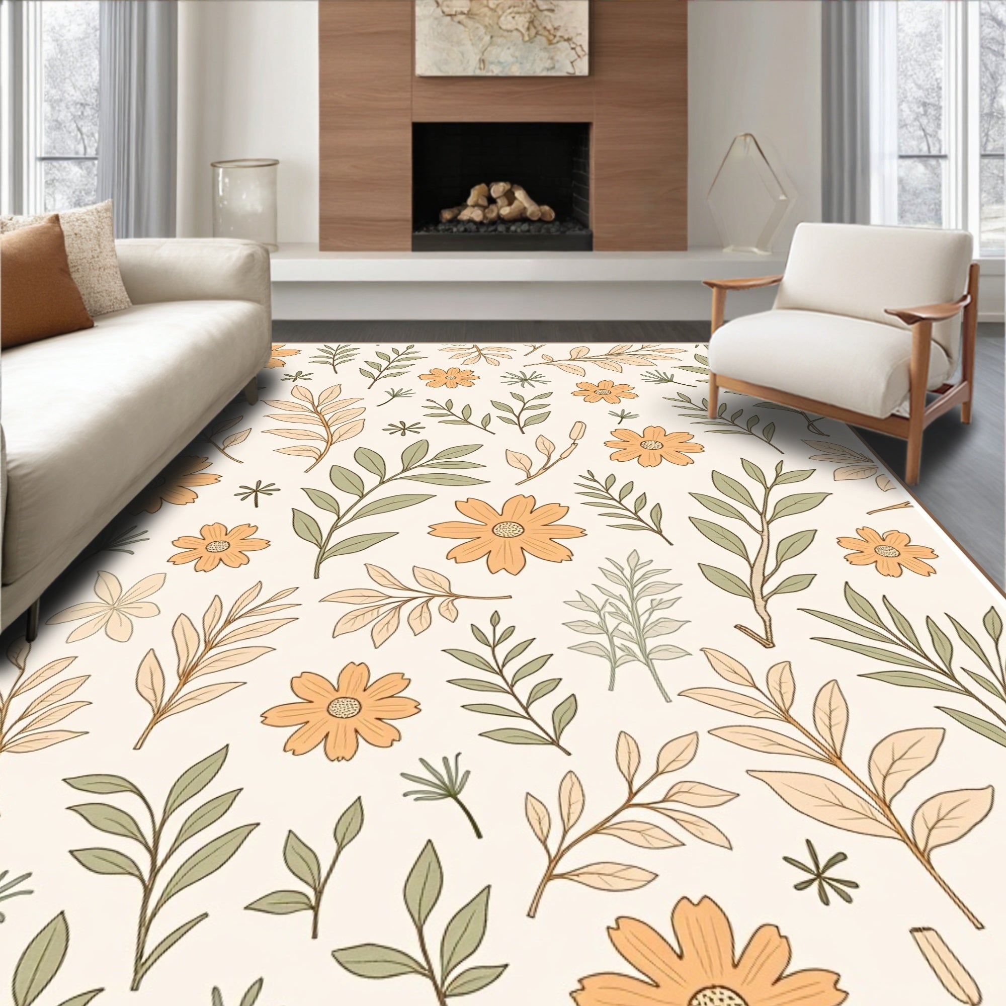 Botanical Leaf and Flower Pattern Rug