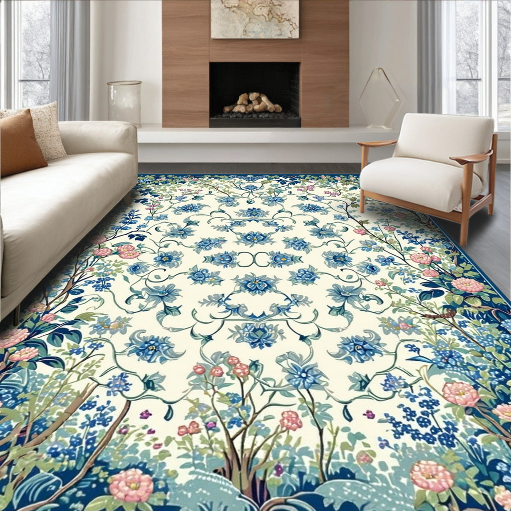 Floral Meadow Garden Blue Cream Rug