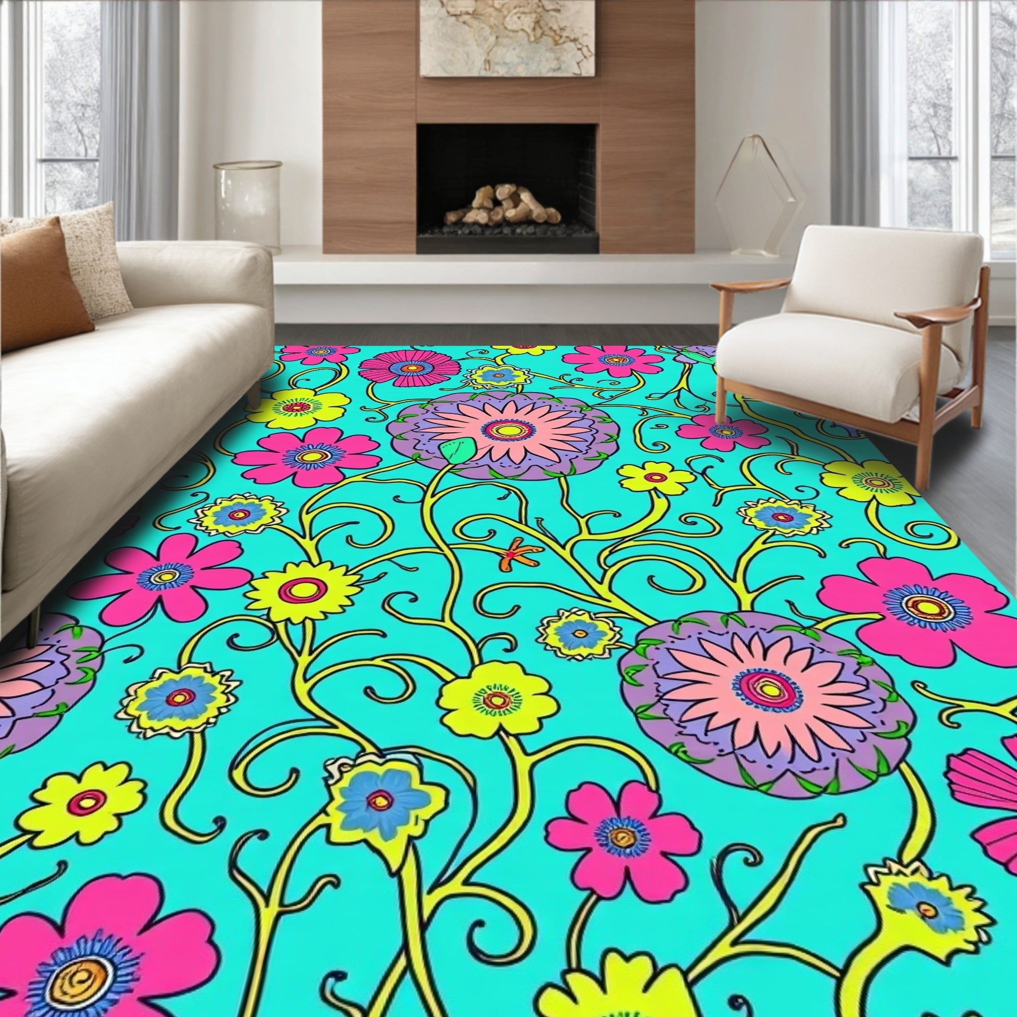 Vibrant Floral Vines Pattern Rug