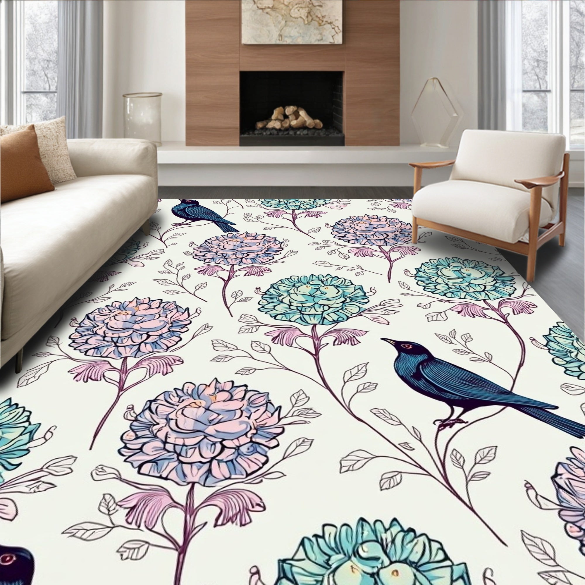 Birds Floral Garden Pattern Rug