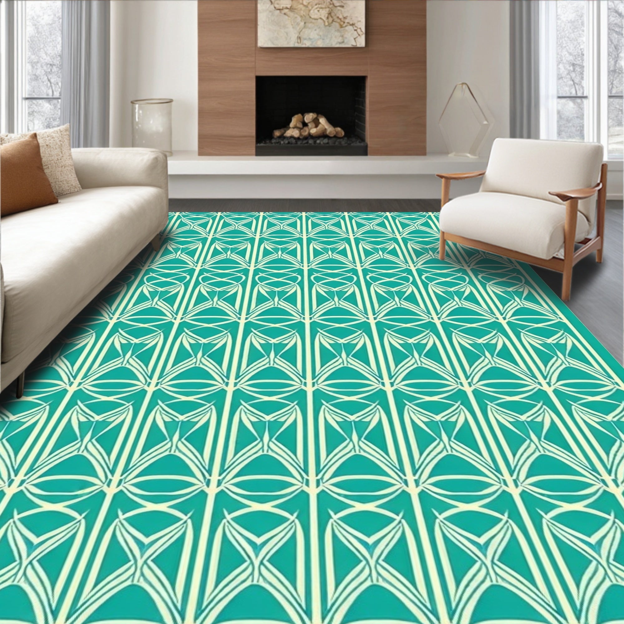 Art Deco Geometric Teal Cream Pattern Rug