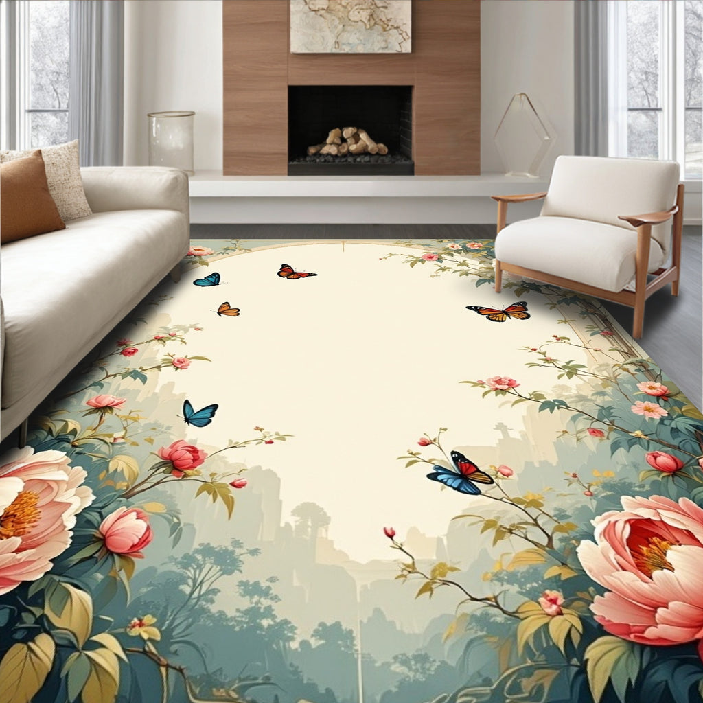 Whimsical Floral Butterfly Scene Rug