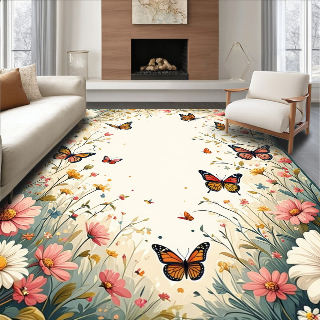 Spring Butterflies Blooming Garden Pattern Rug