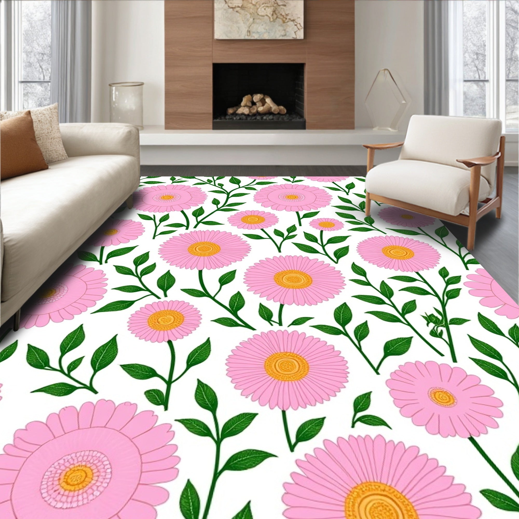 Pink Daisy Pattern With Green Leaves Rug