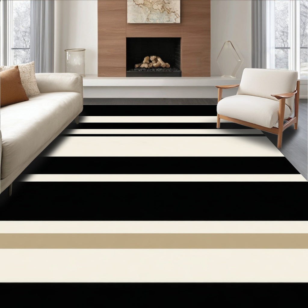 Bold Black White Stripe Design Rug