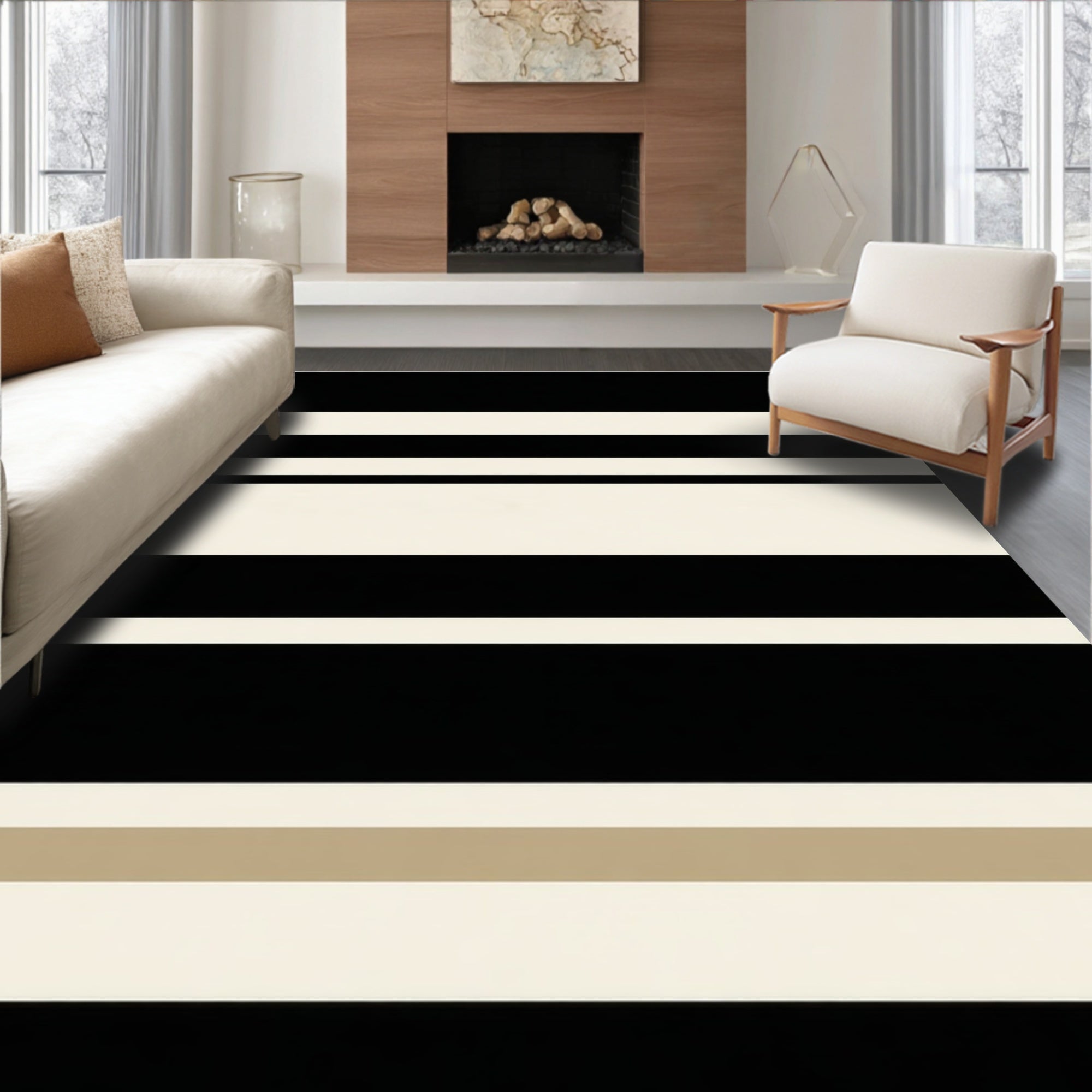 Bold Black White Stripe Design Rug