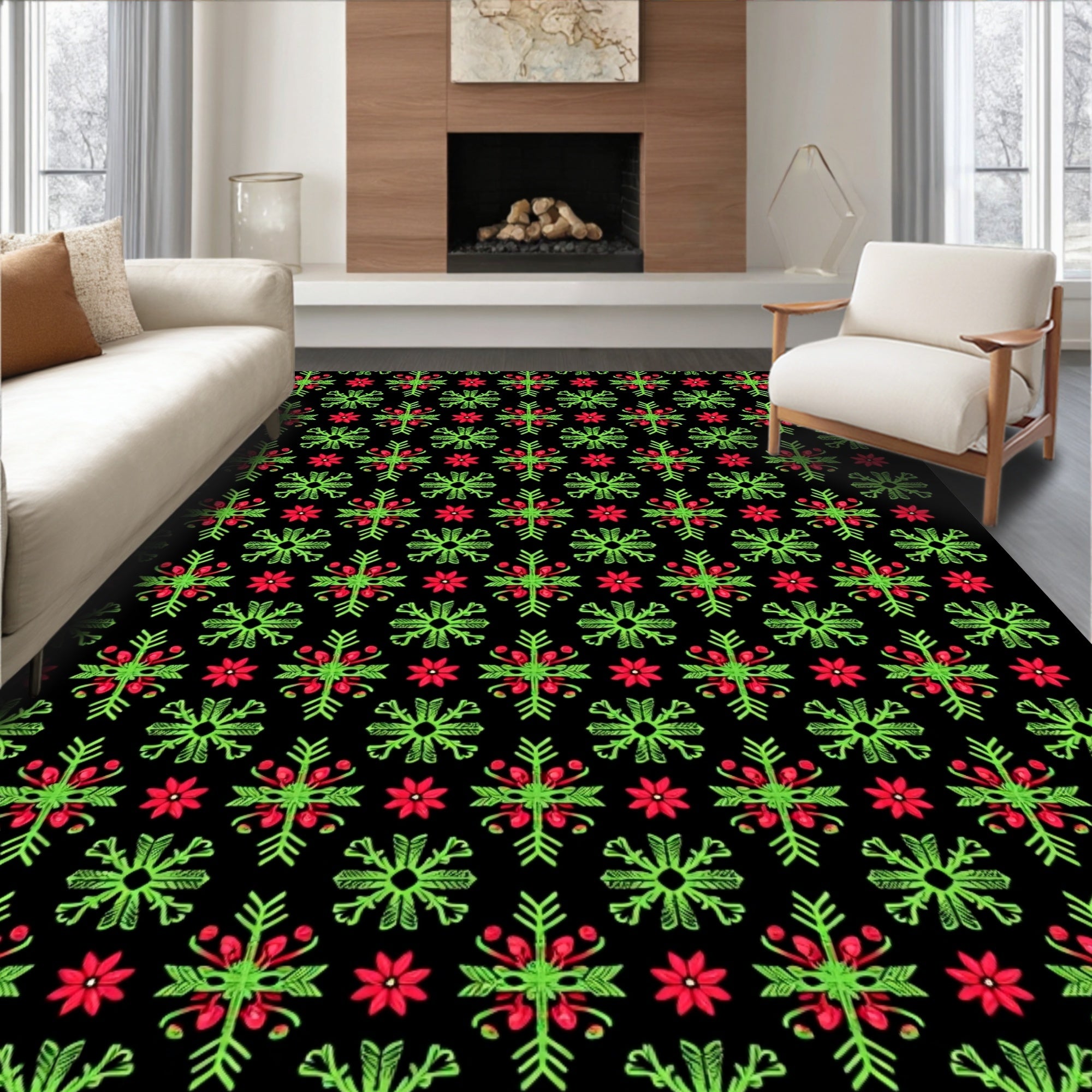 Green Red Floral Snowflake Harmony Rug