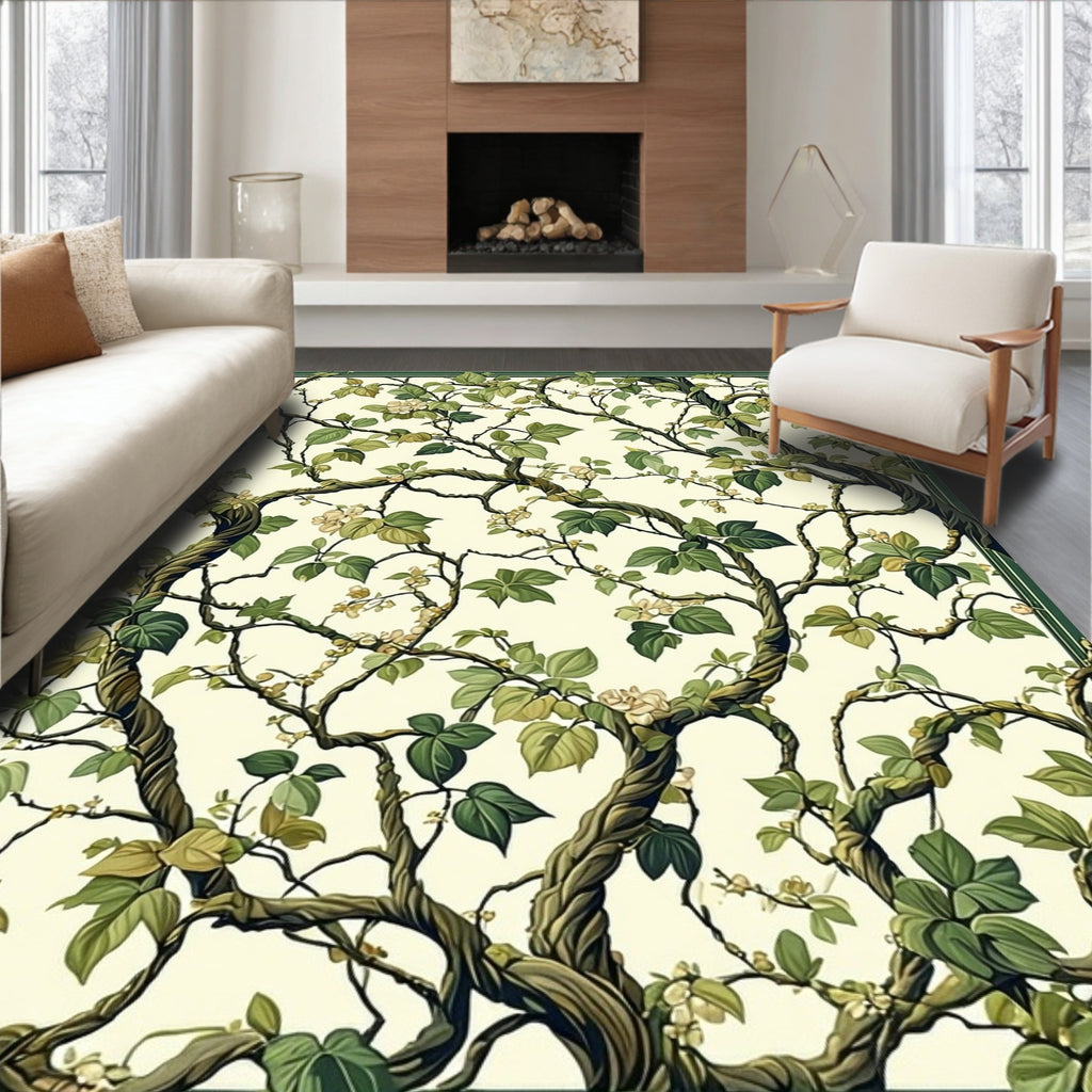 Vining Green Leaf Whimsical Floral Pattern Rug