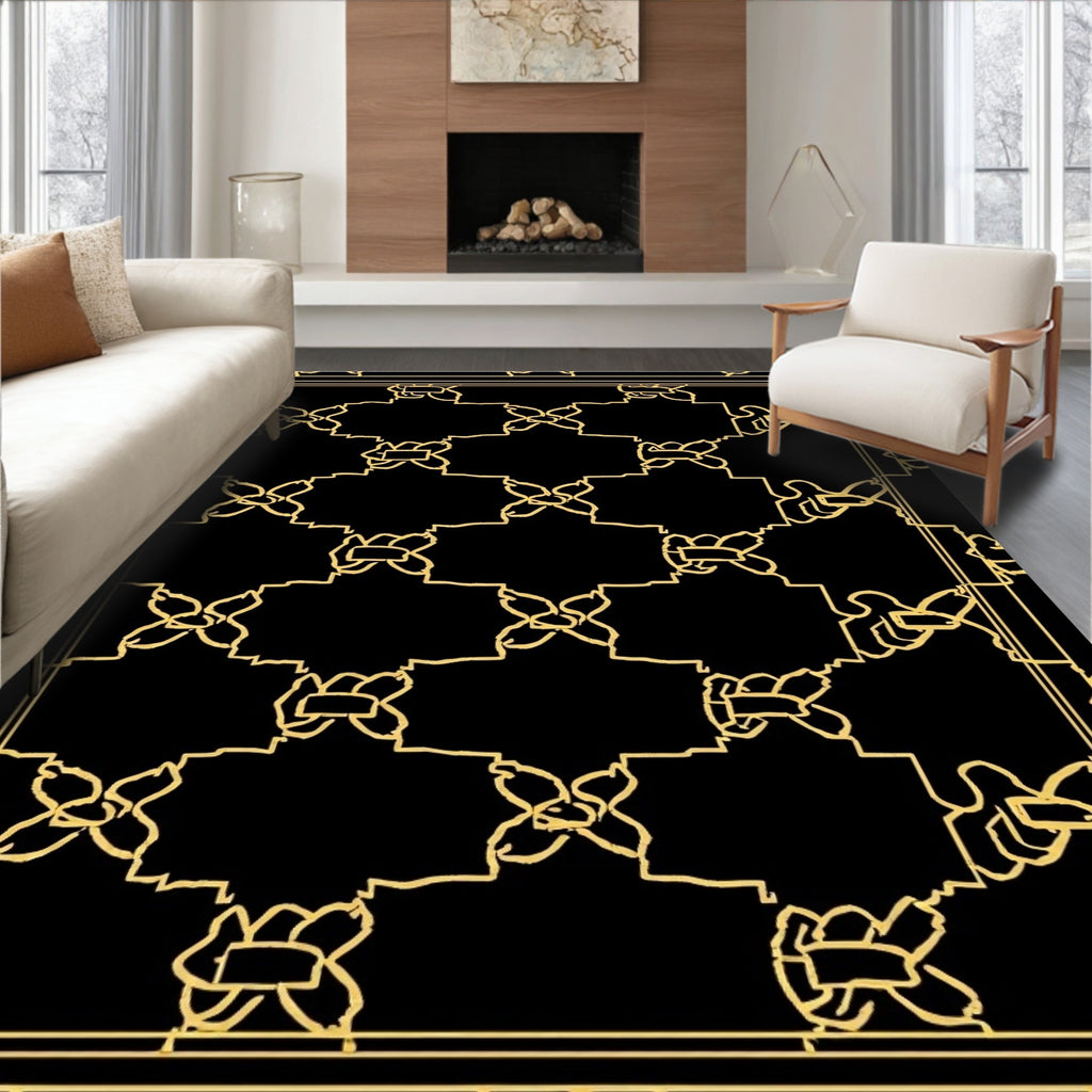 Golden Geometric Floral Patterned Rug
