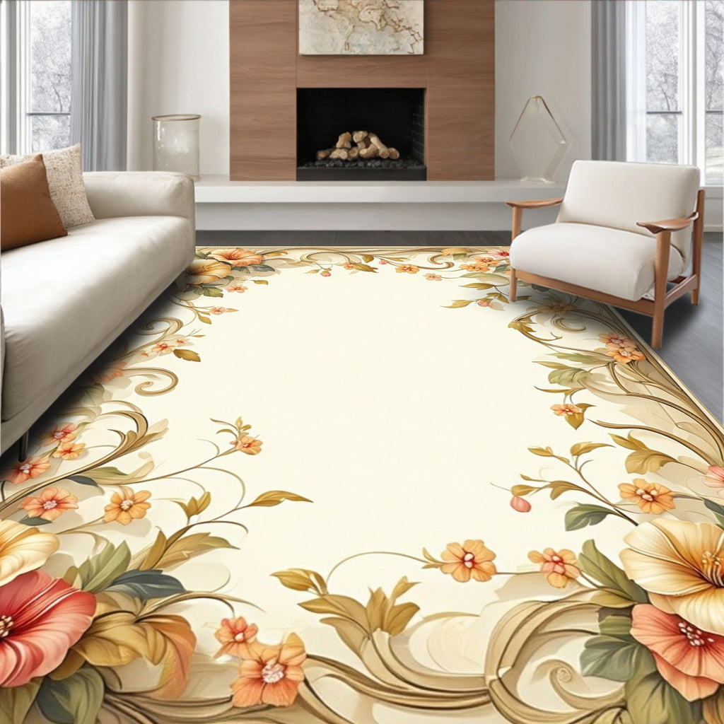 Elegant Floral Scrollwork Beige Rug