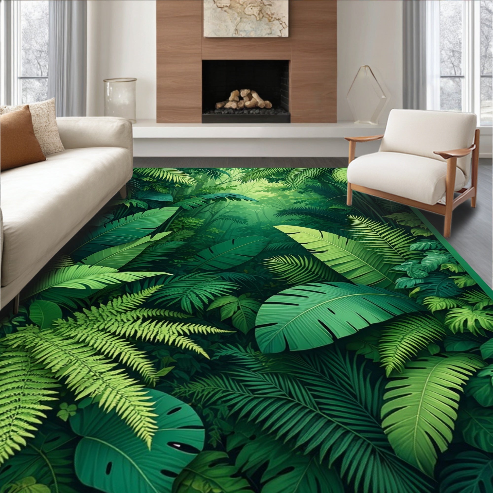 Lush Green Tropical Foliage Design Rug