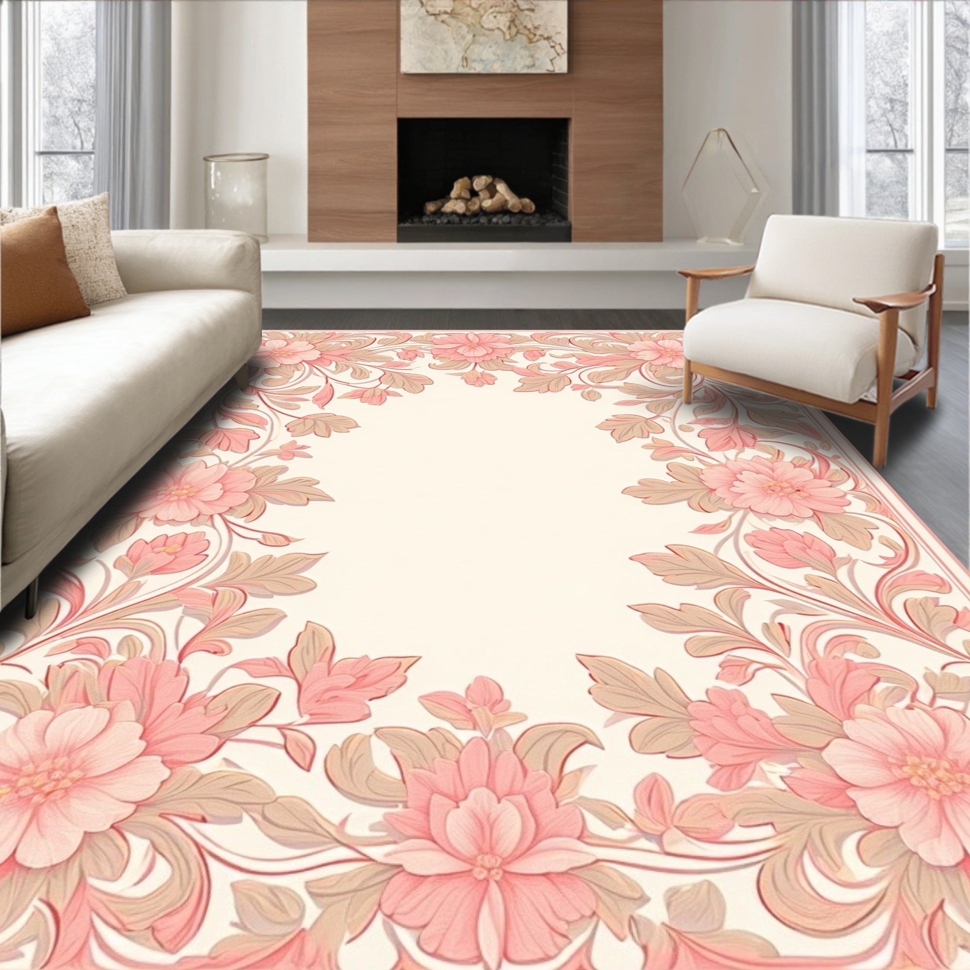 Soft Pink Floral Scrollwork Vines Rug