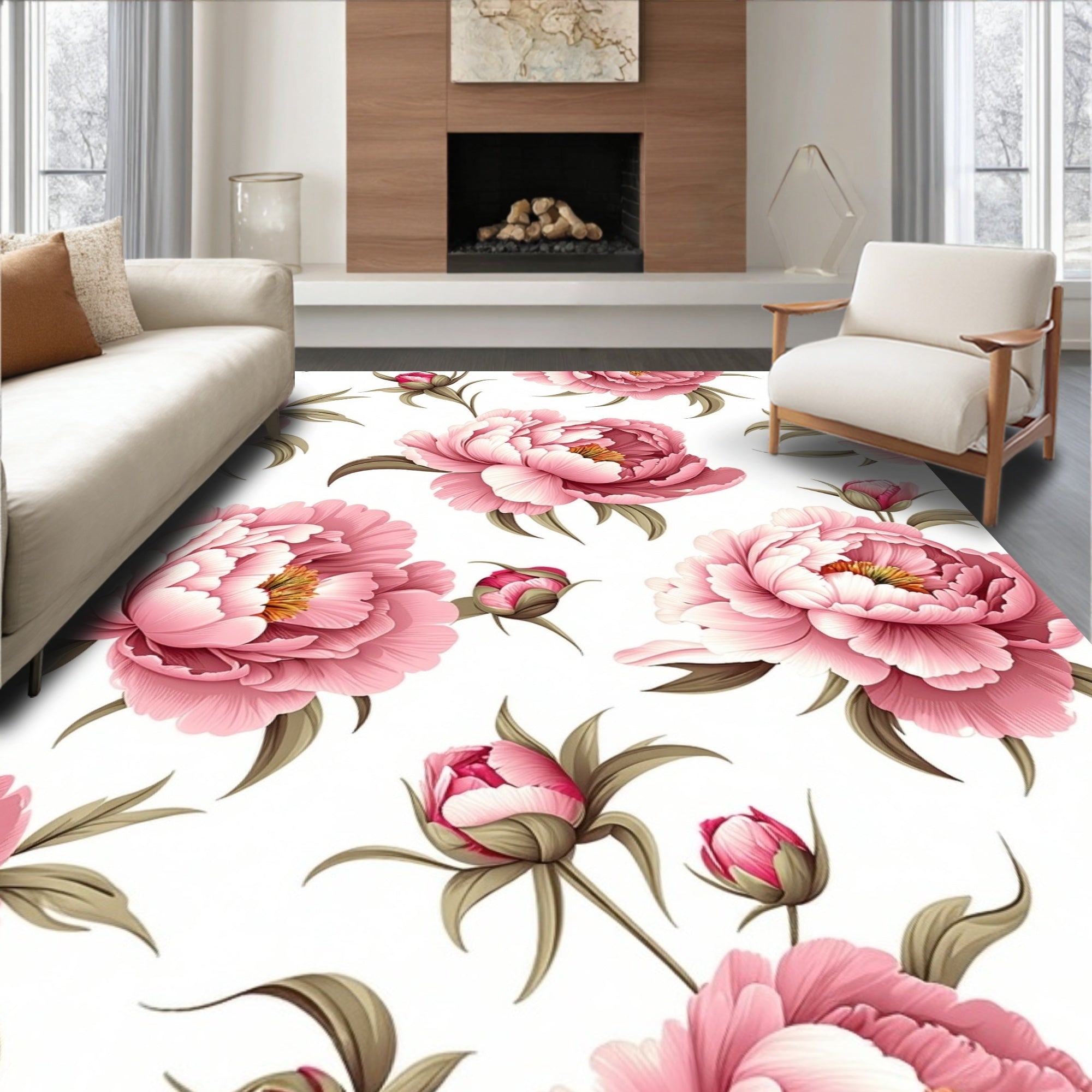 Large Pink Floral Peony Pattern Rug