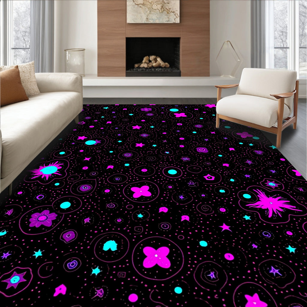 Neon Pink Teal Cosmic Stars Flowers Rug